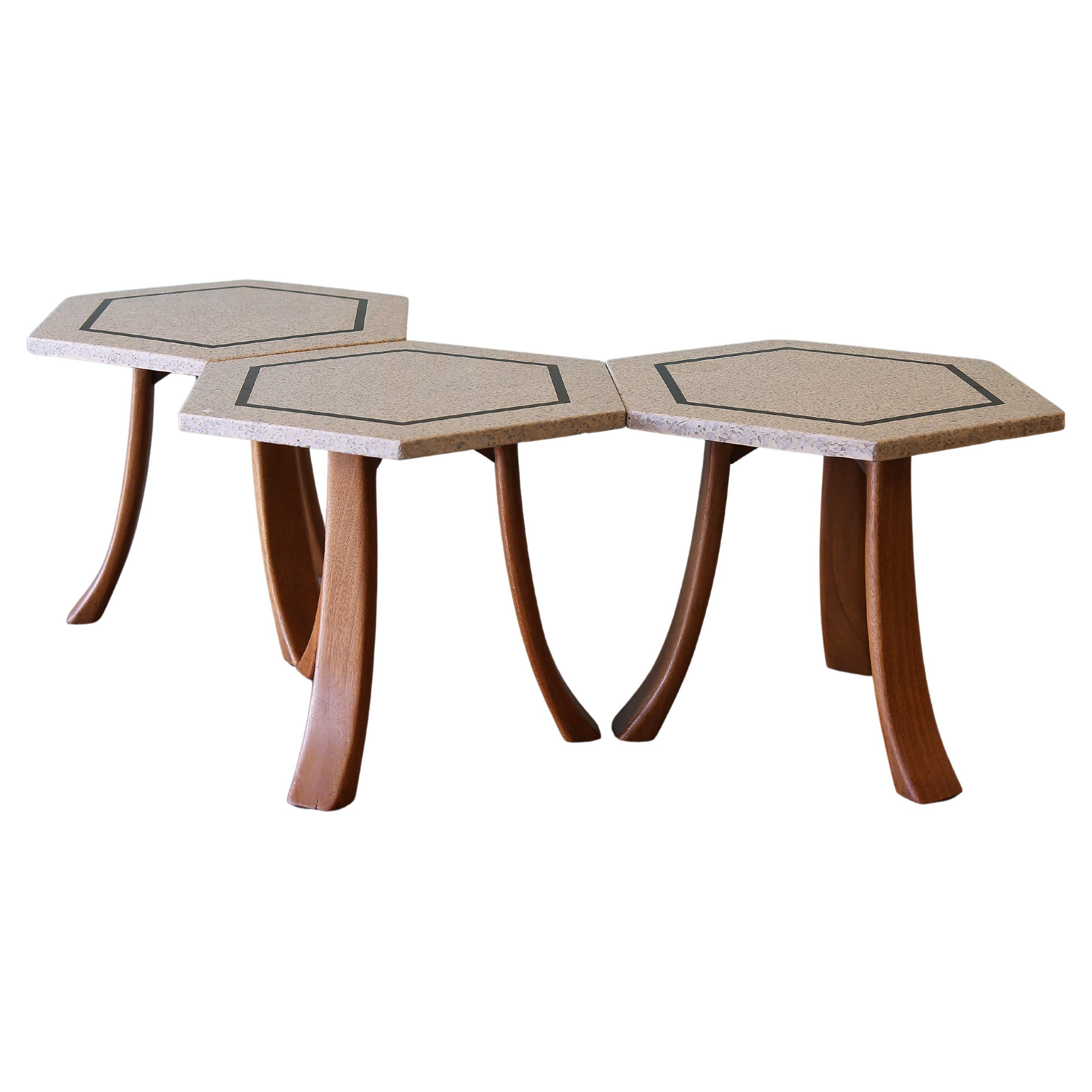 1950s Harvey Probber Terrazzo Brass Mahogany Hexagon Side Tables Set of 3