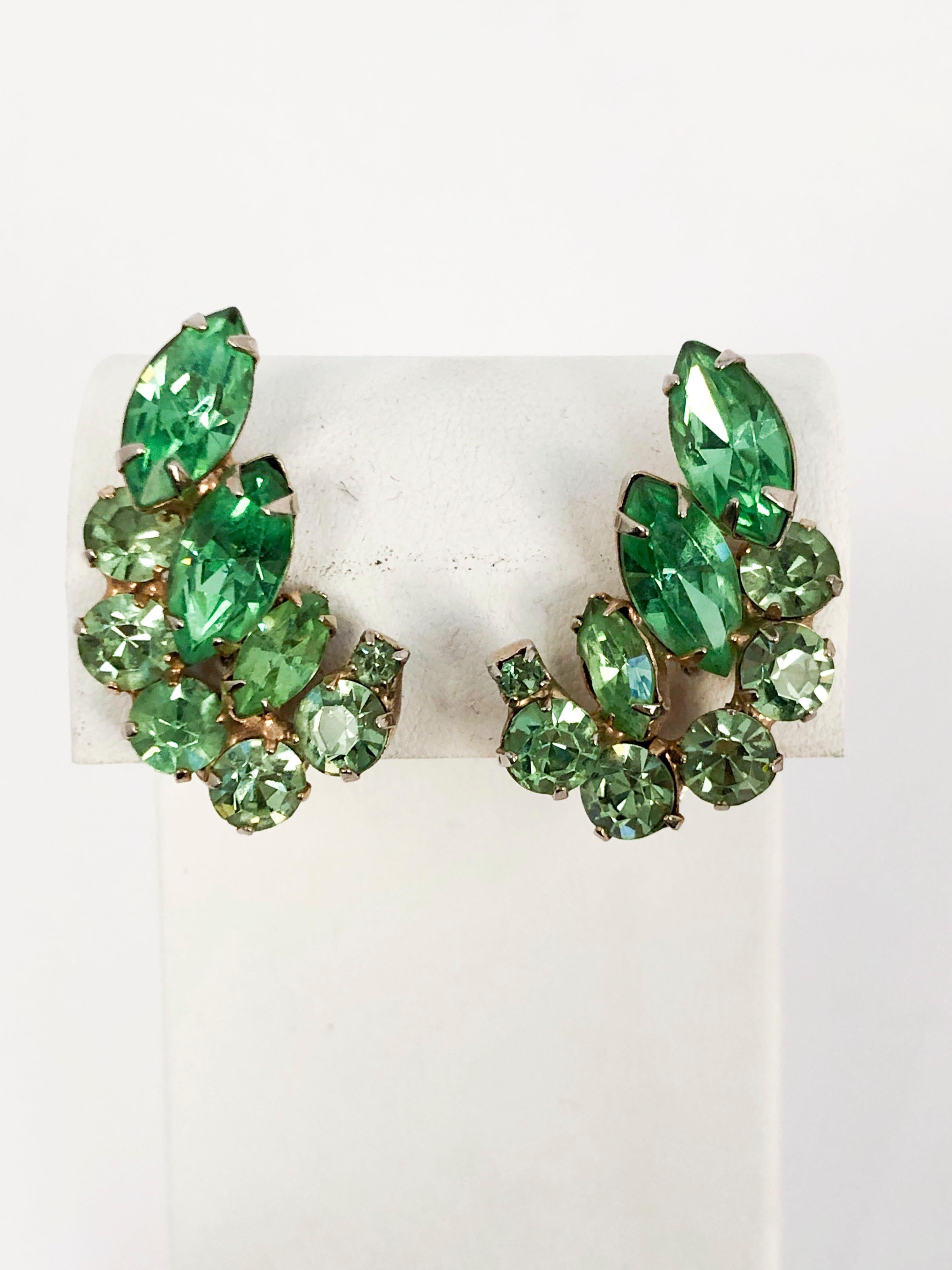 1950s Hattie Carnegie Clip-on Earrings in Multi-shades of Green on gold base metal.