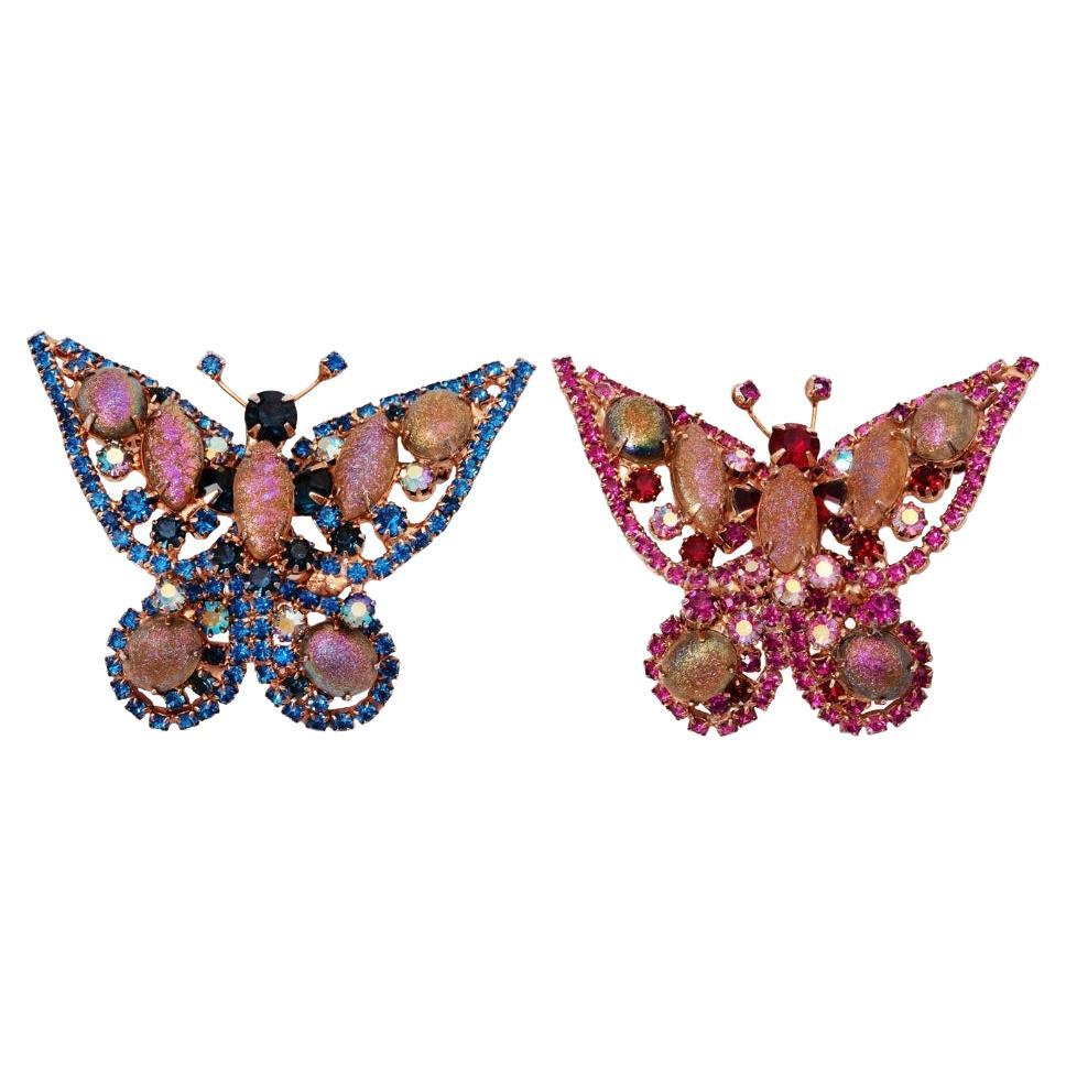1950s Hattie Carnegie Iridescent Pink & Blue Butterfly Brooch Pair