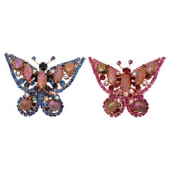 1950s Hattie Carnegie Iridescent Pink & Blue Butterfly Brooch Pair
