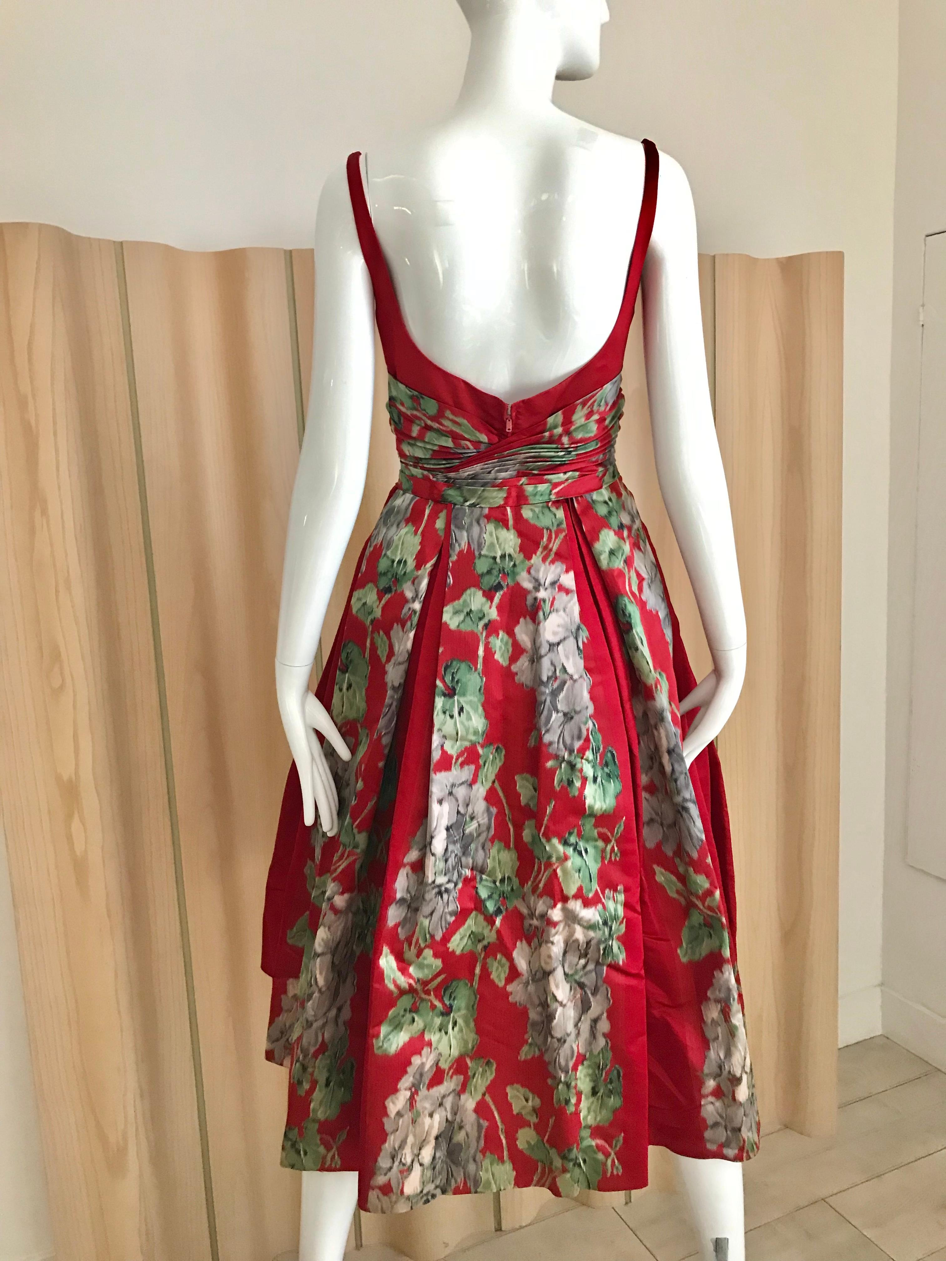 Women's 1950s Hattie Carnegie Red Silk Floral Print Cocktail Dress