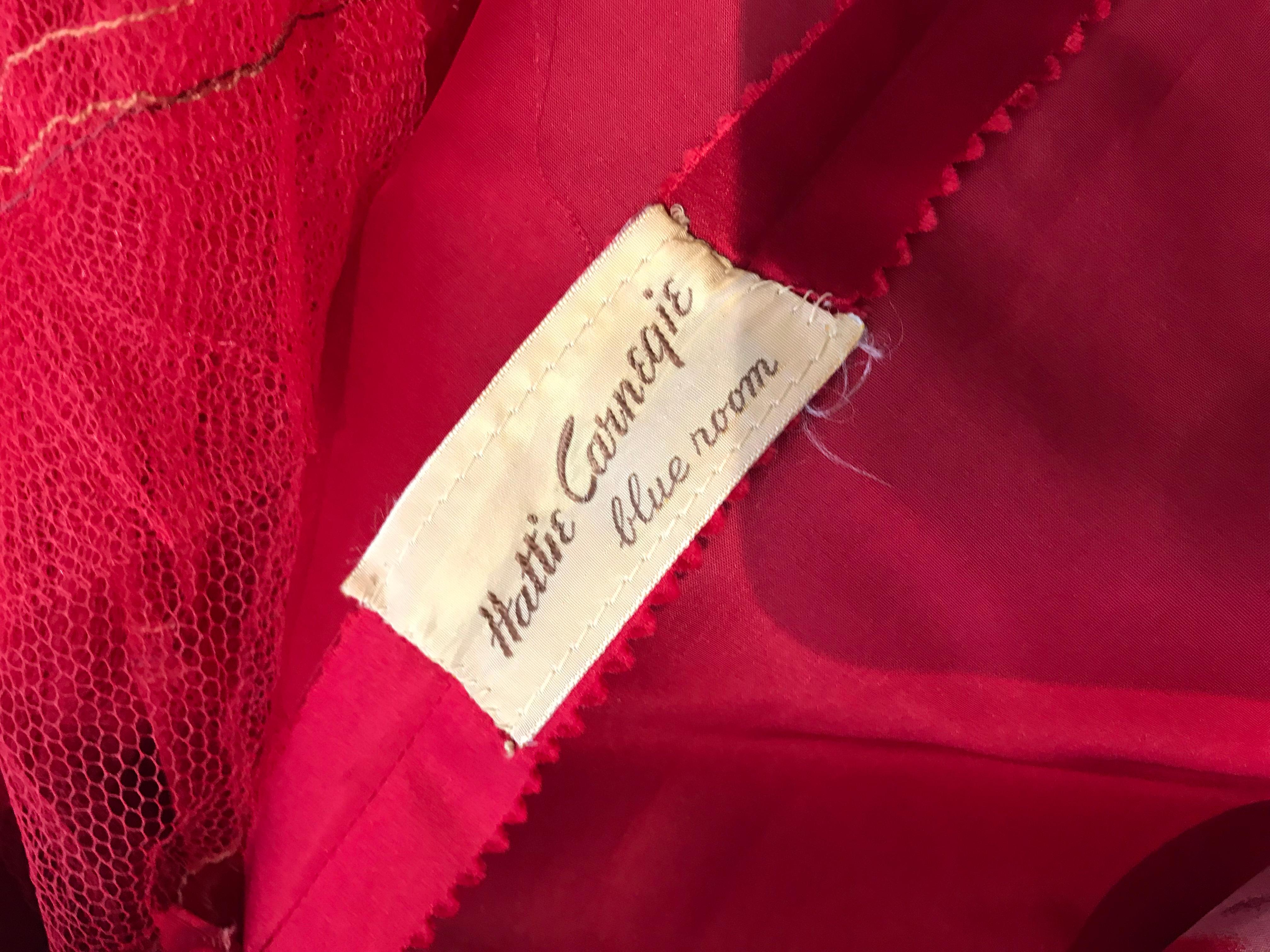 1950s Hattie Carnegie Red Silk Floral Print Cocktail Dress 2