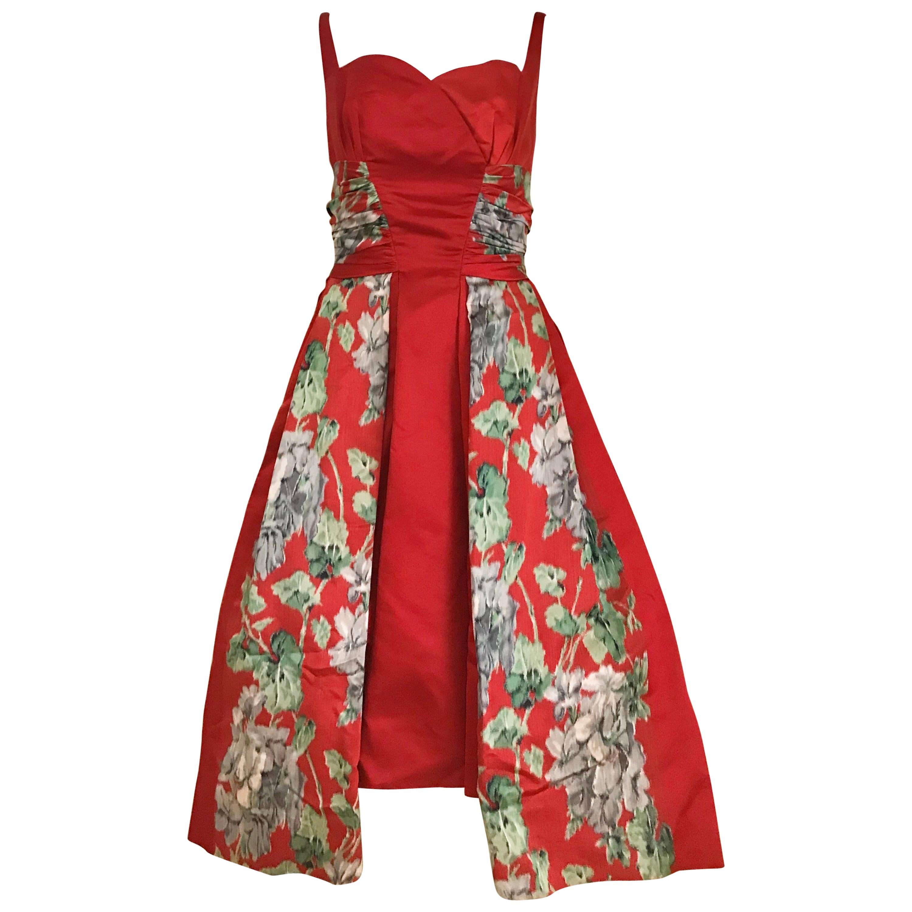 1950s Hattie Carnegie Red Silk Floral Print Cocktail Dress