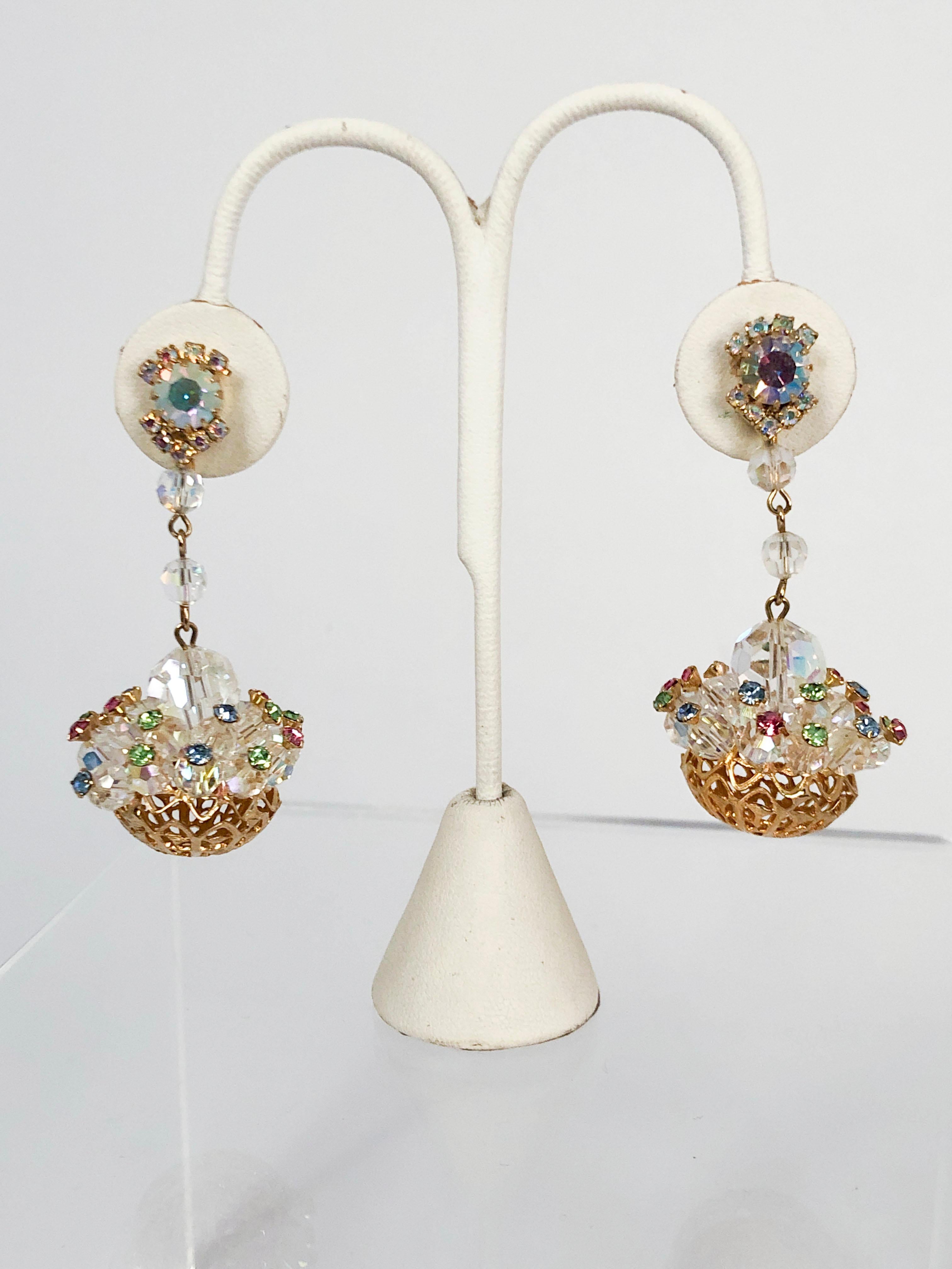 1950s Hattie Carnegie Rhinestone Chandelier Drop Earrings with multi-colored rhinestones and fastened crystals and filigree dome bottom. 