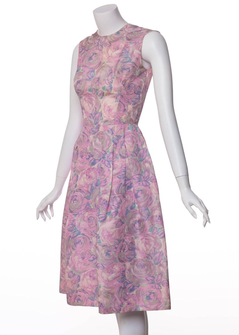 Gray 1950s Hattie Carnegie Silk Floral Print Watercolor Nipped Waist Dress For Sale