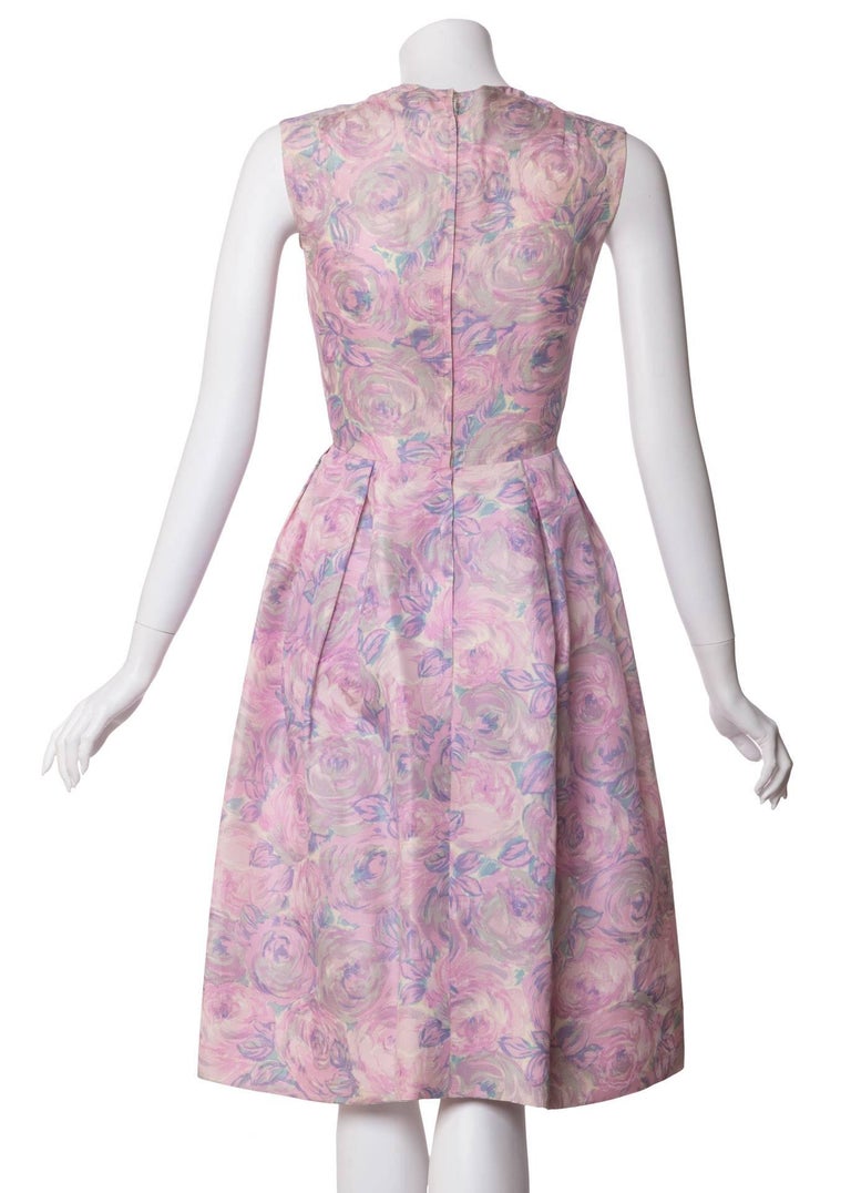 1950s Hattie Carnegie Silk Floral Print Watercolor Nipped Waist Dress In Excellent Condition For Sale In Boca Raton, FL