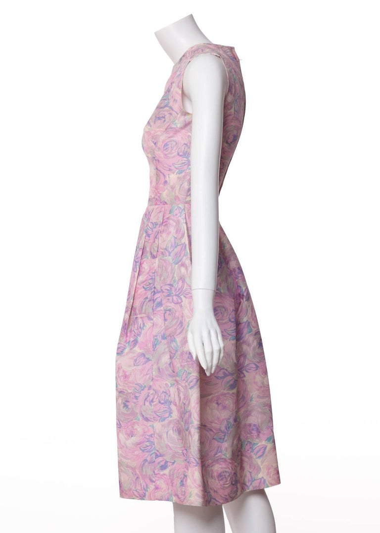 Women's 1950s Hattie Carnegie Silk Floral Print Watercolor Nipped Waist Dress For Sale