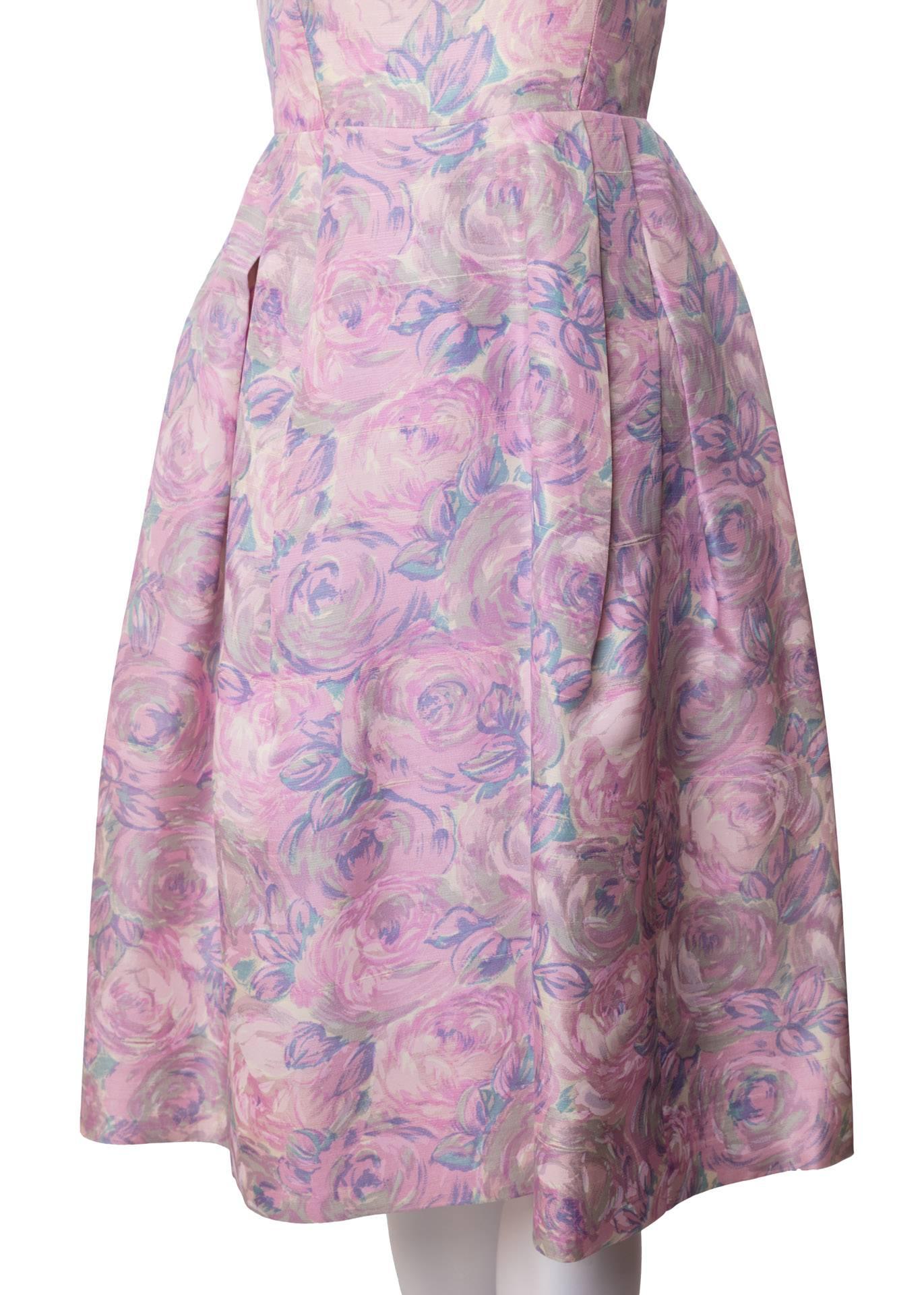 Gray 1950s Hattie Carnegie Silk Floral Print Watercolor Nipped Waist Dress For Sale