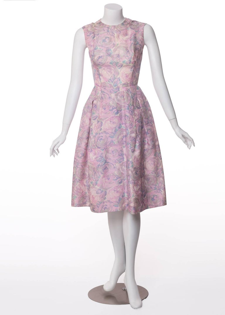 1950s Hattie Carnegie Silk Floral Print Watercolor Nipped Waist Dress For Sale 4
