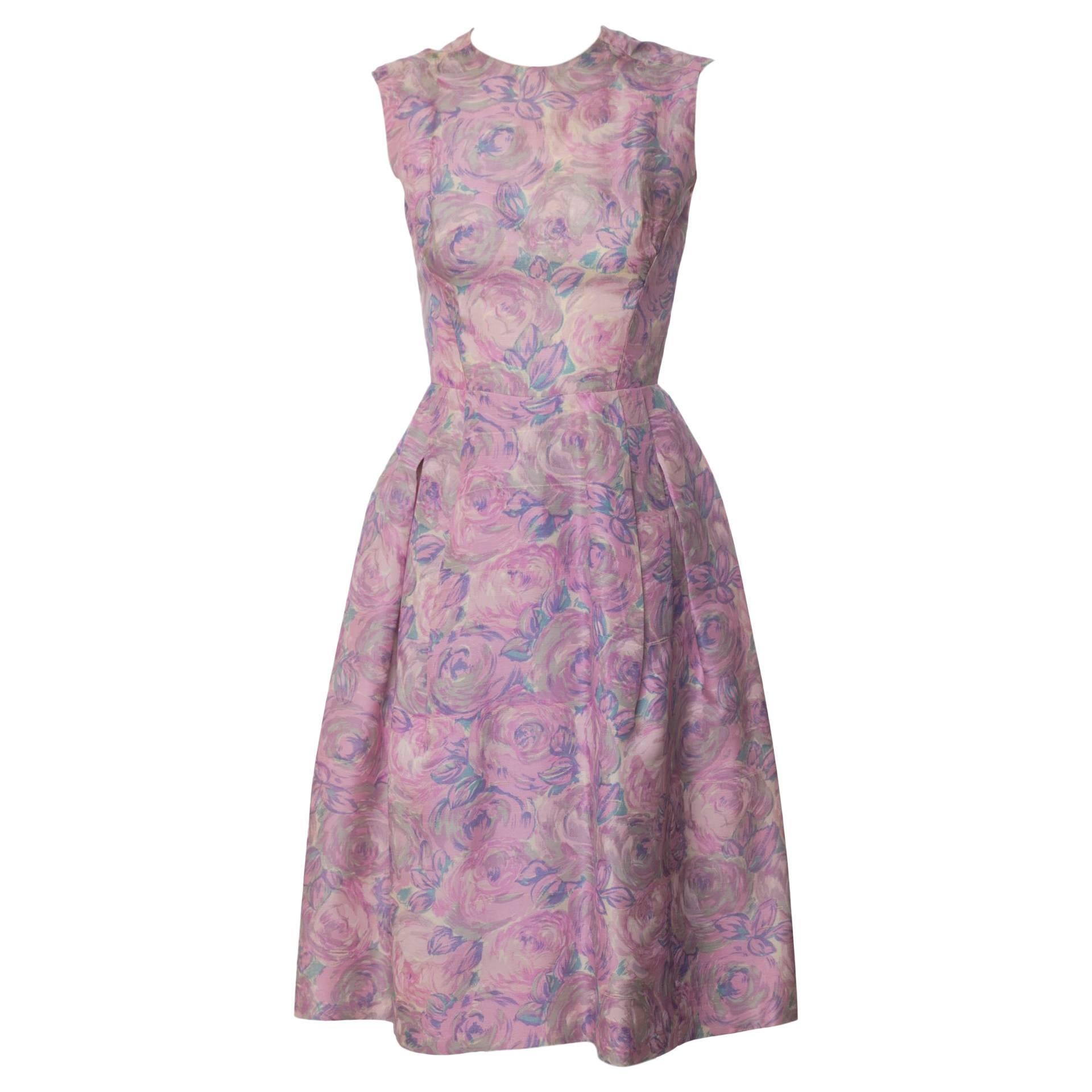 1950s Hattie Carnegie Silk Floral Print Watercolor Nipped Waist Dress