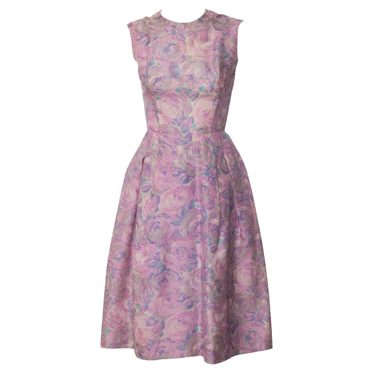 1950s Hattie Carnegie Silk Floral Print Watercolor Nipped Waist Dress For Sale