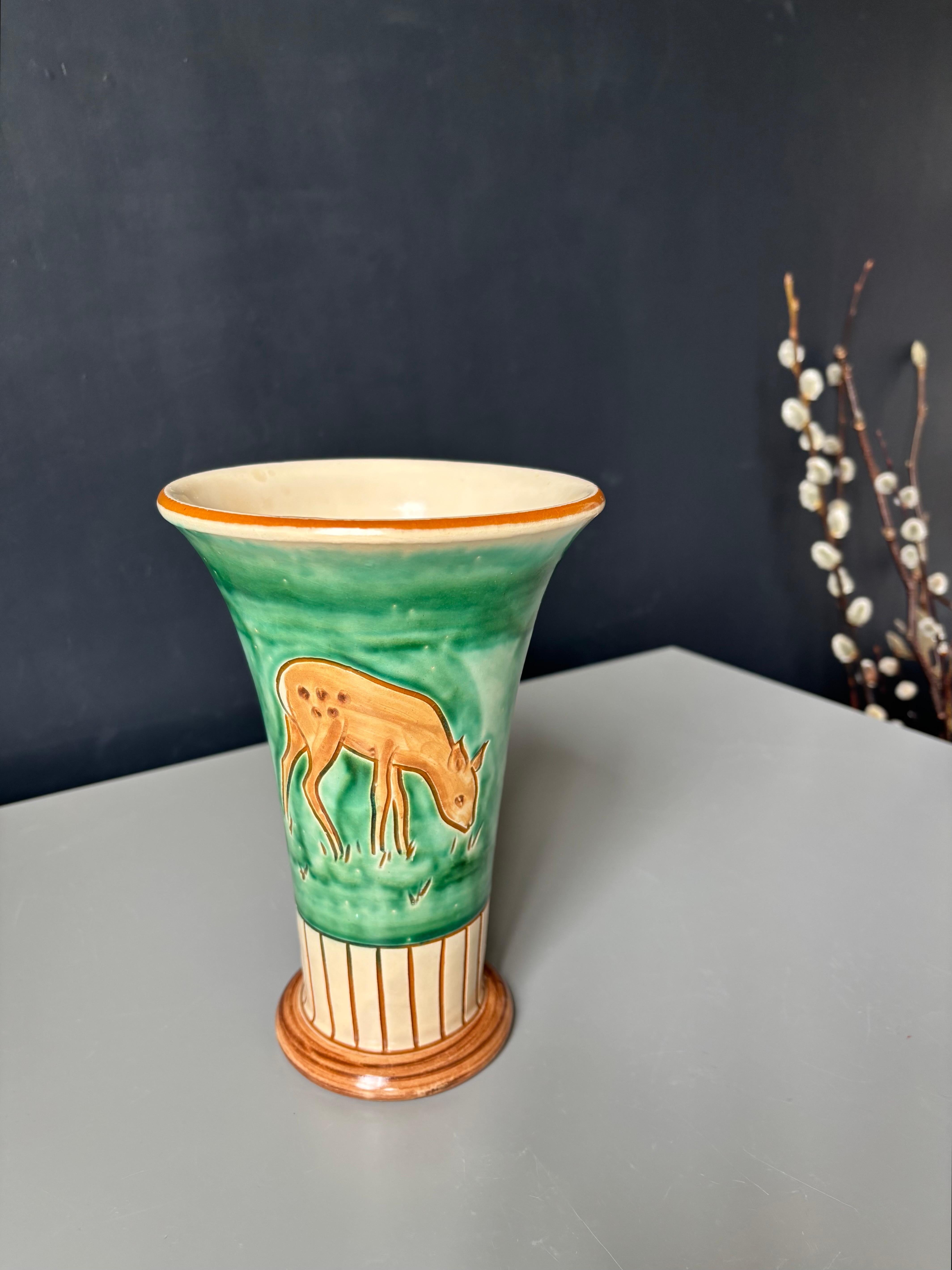 Mid-Century Modern 1950s Haunsø Green Cream Ceramic Vase, Denmark For Sale