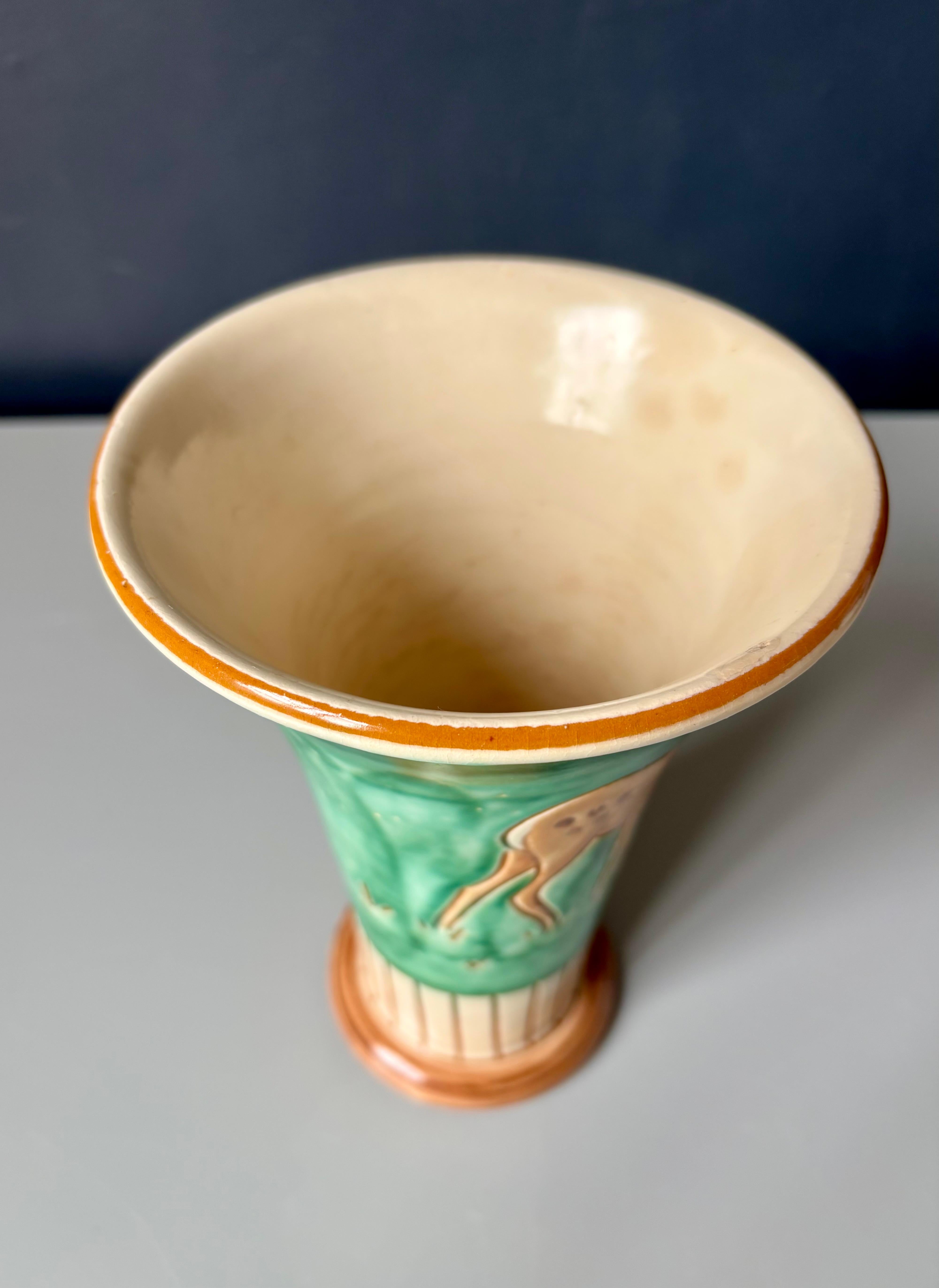 Danish 1950s Haunsø Green Cream Ceramic Vase, Denmark For Sale