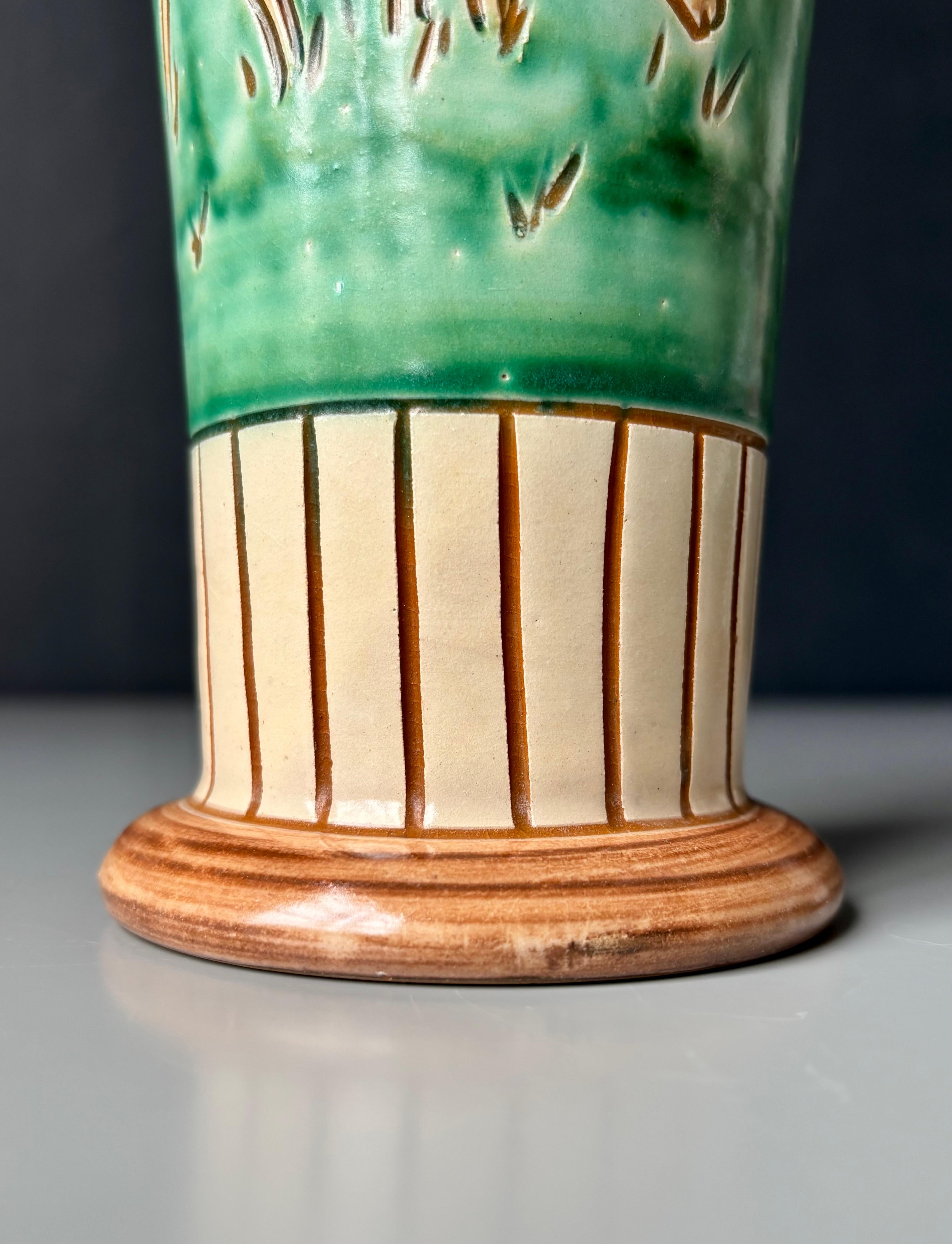 Glazed 1950s Haunsø Green Cream Ceramic Vase, Denmark For Sale