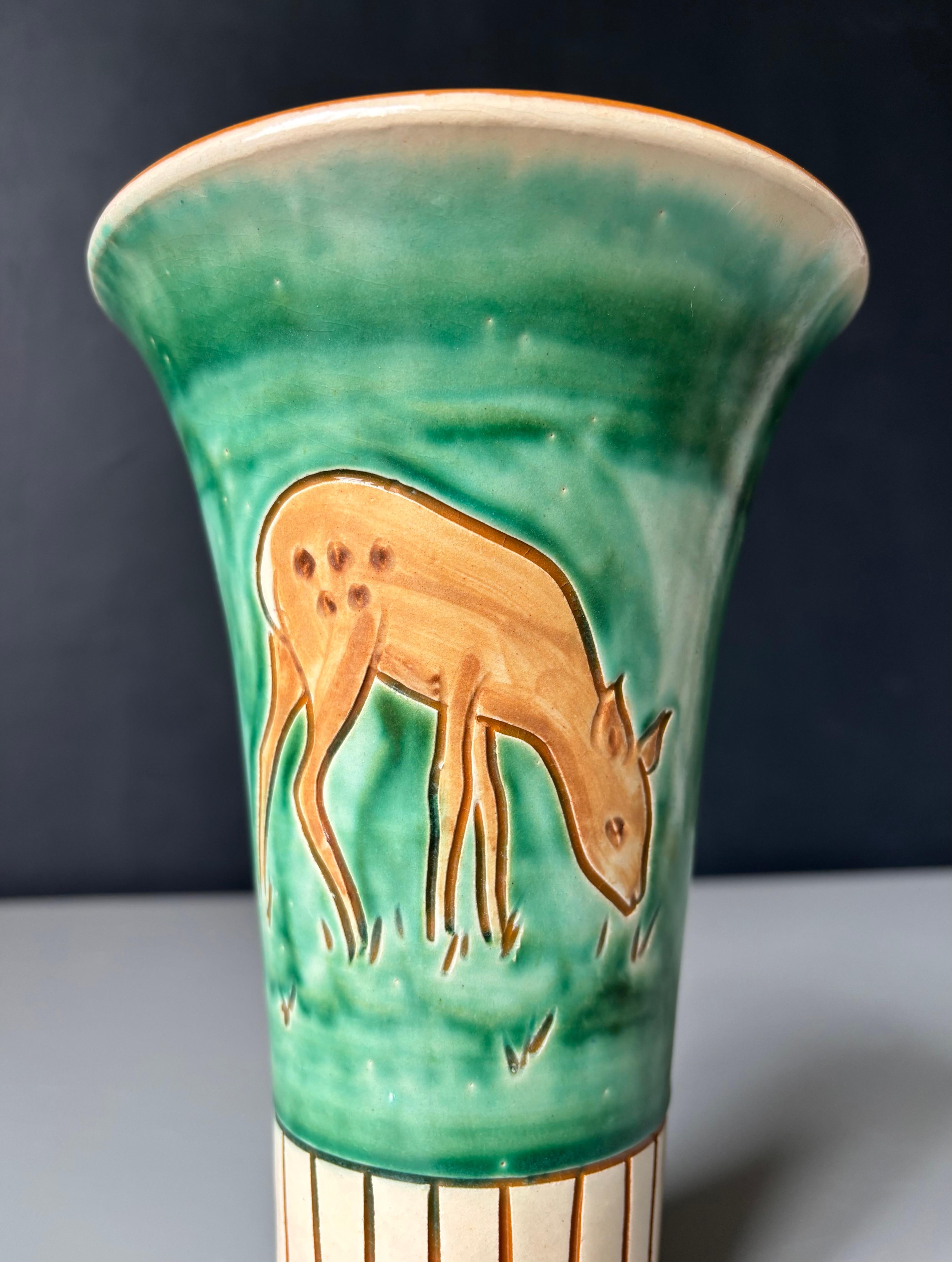 20th Century 1950s Haunsø Green Cream Ceramic Vase, Denmark For Sale