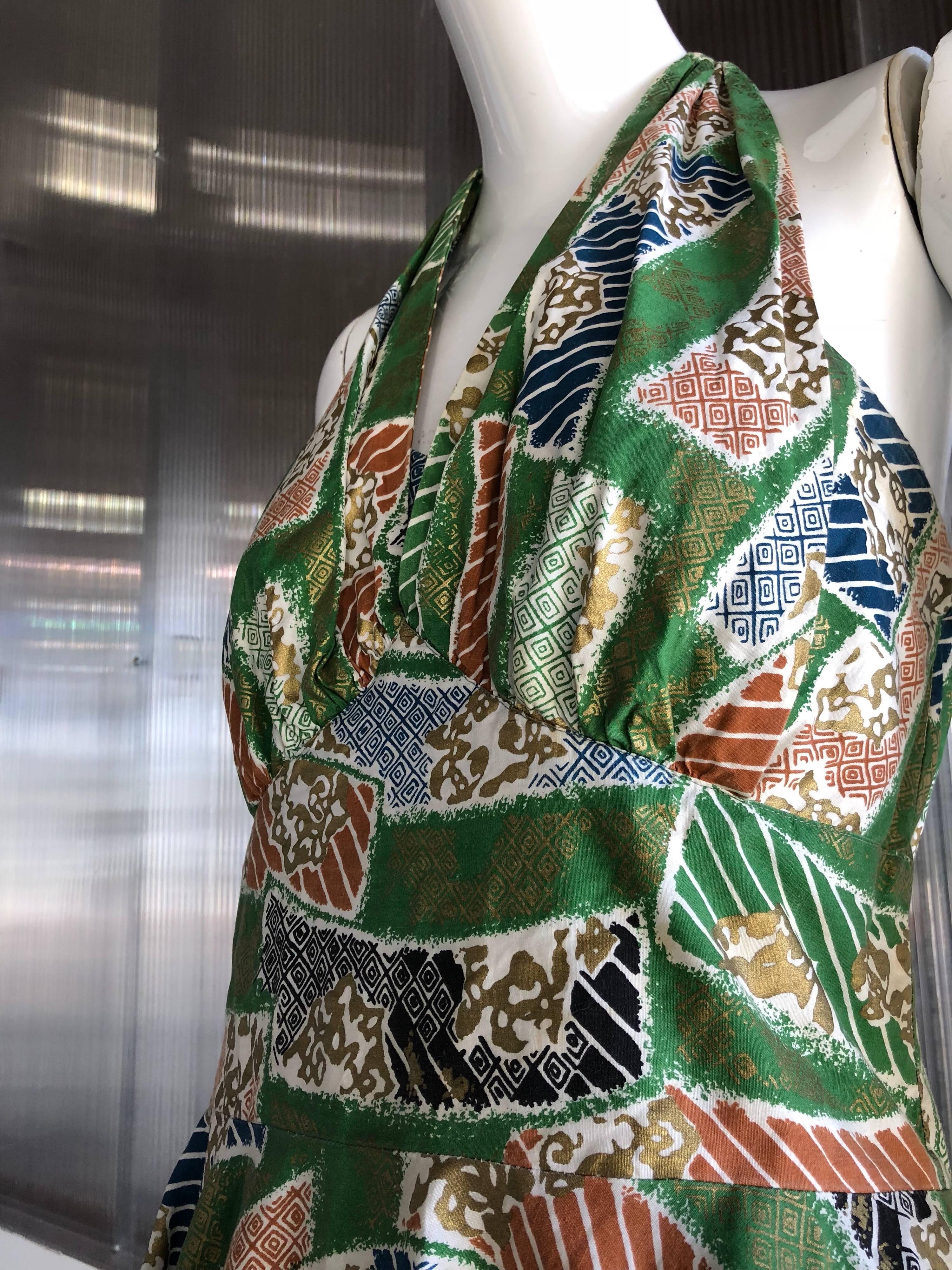 Women's 1950s Hawaiian Island Print Cotton Halter Dress W/ Circle Skirt