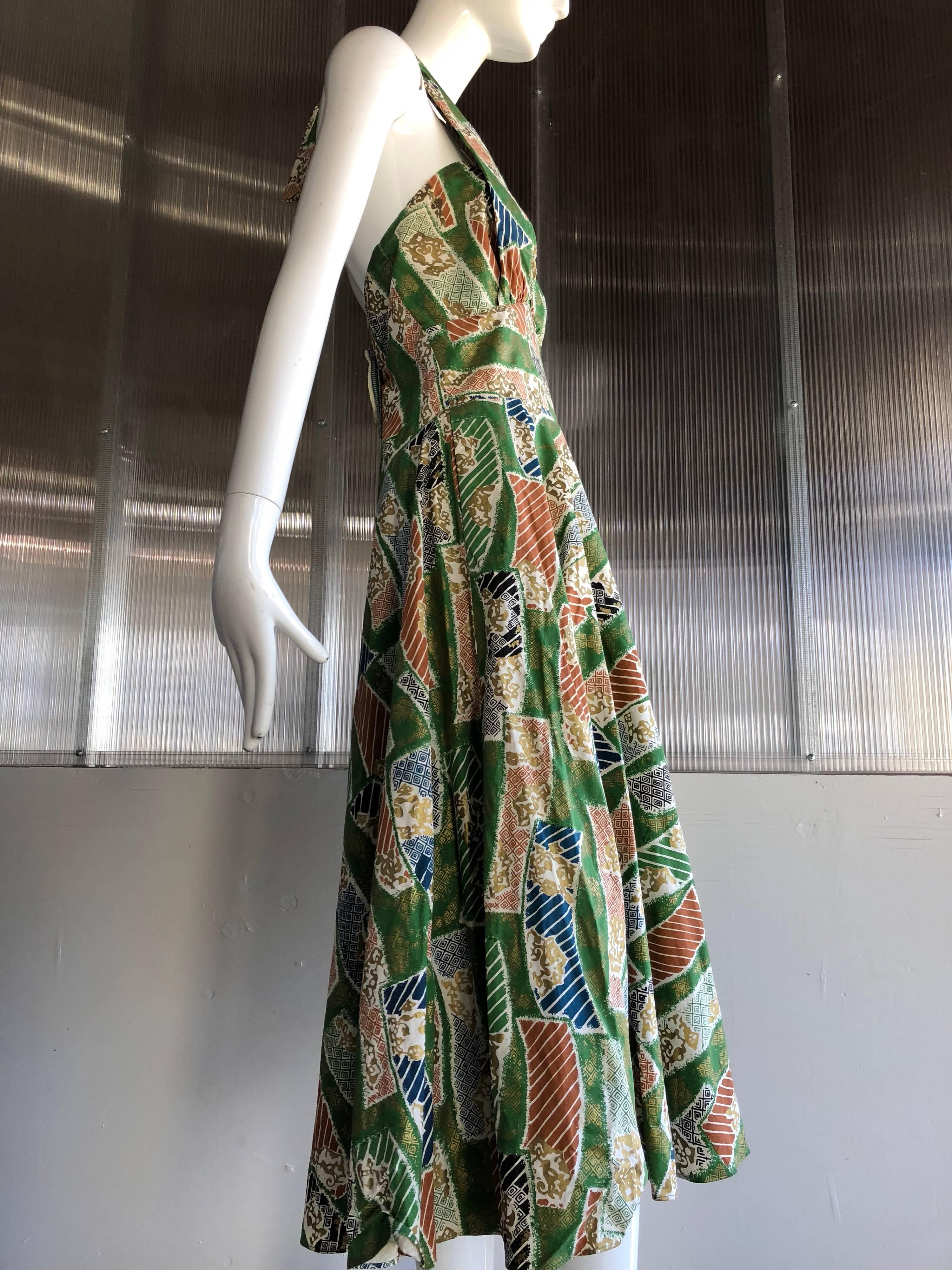 1950s Hawaiian Island Print Cotton Halter Dress W/ Circle Skirt 1