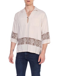 1950'S Ecru Rayon Men's Hawaiian Tiki Head Popover Shirt