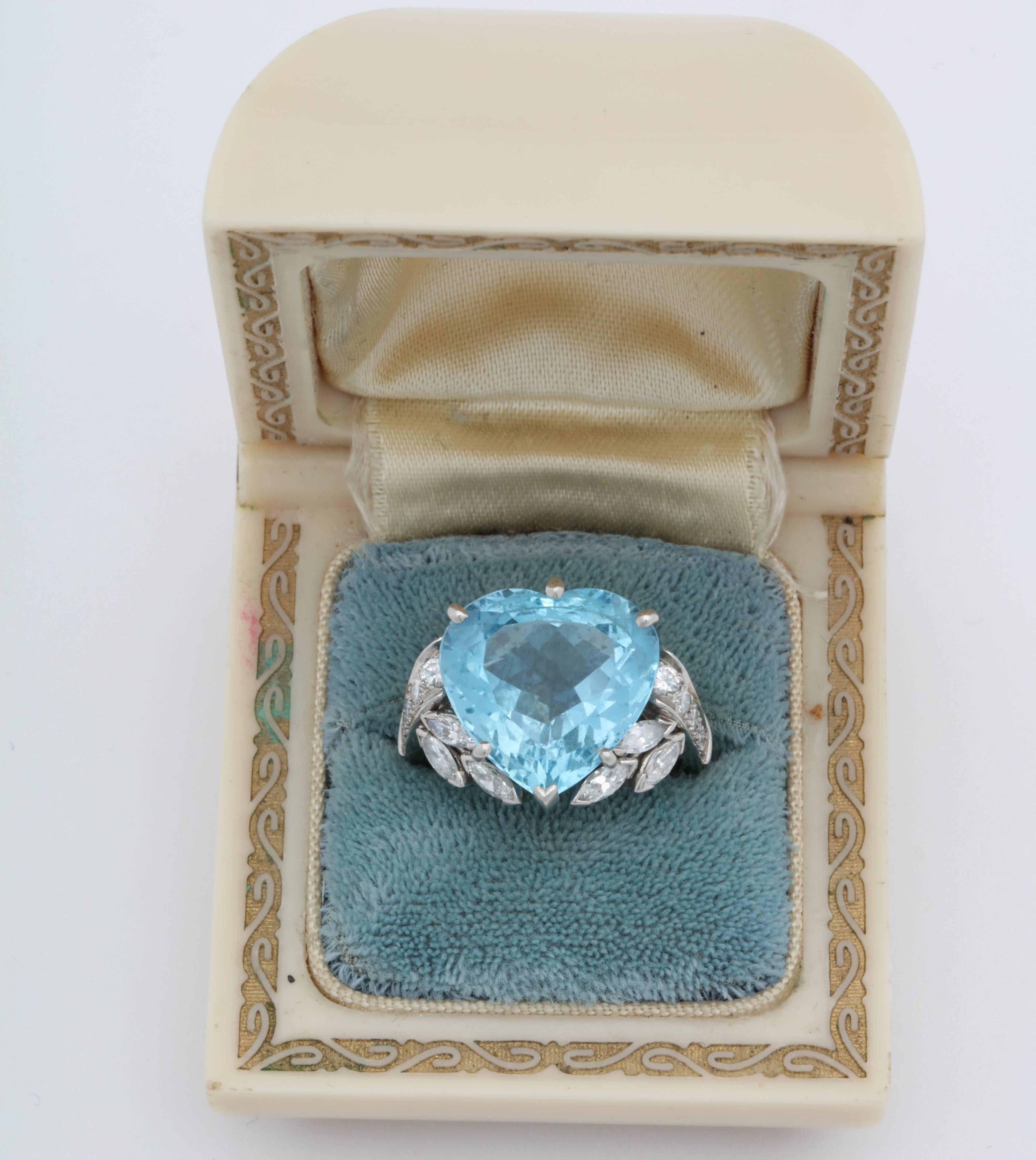 Marquise Cut 1950s Heart Cut Aquamarine with Marquis Cut, Round Cut Diamonds Platinum Ring