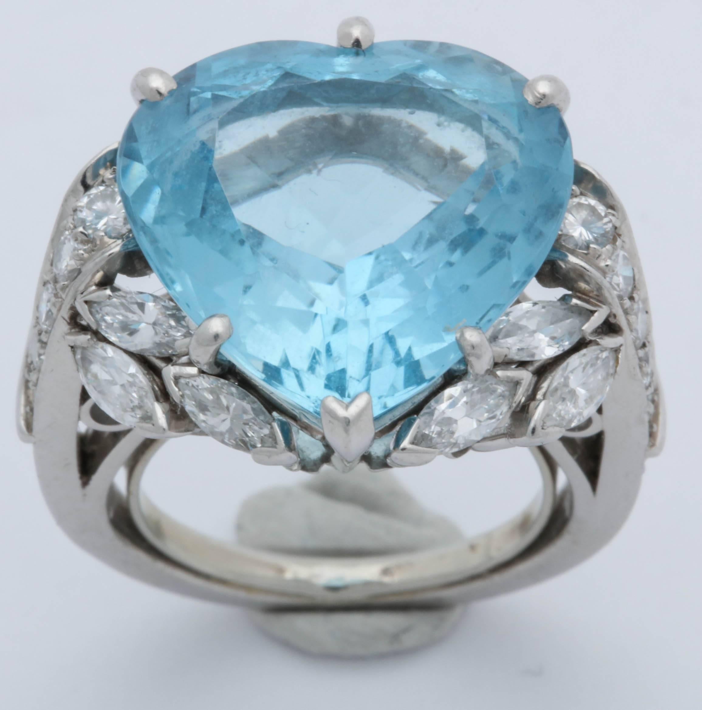 1950s Heart Cut Aquamarine with Marquis Cut, Round Cut Diamonds Platinum Ring In Good Condition In New York, NY