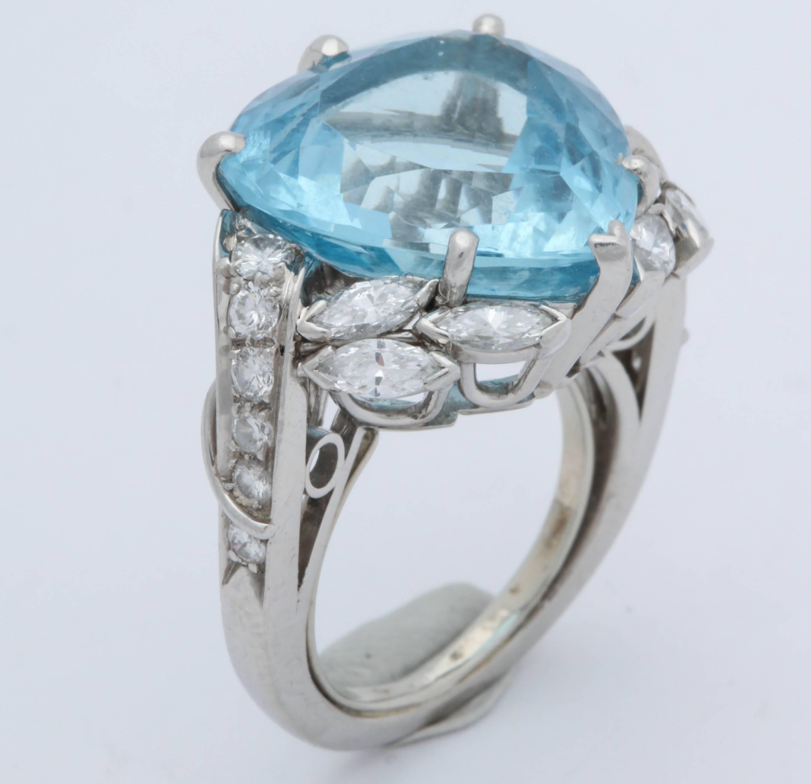 1950s Heart Cut Aquamarine with Marquis Cut, Round Cut Diamonds Platinum Ring 3