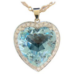1950s Heart Shape Aquamarine Diamond Platinum White Gold Pendant Necklace