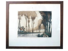 1950s Hebbelinck Roger Belgio "Canal Du Midi" Etching Aquatint, Numbered 54/350