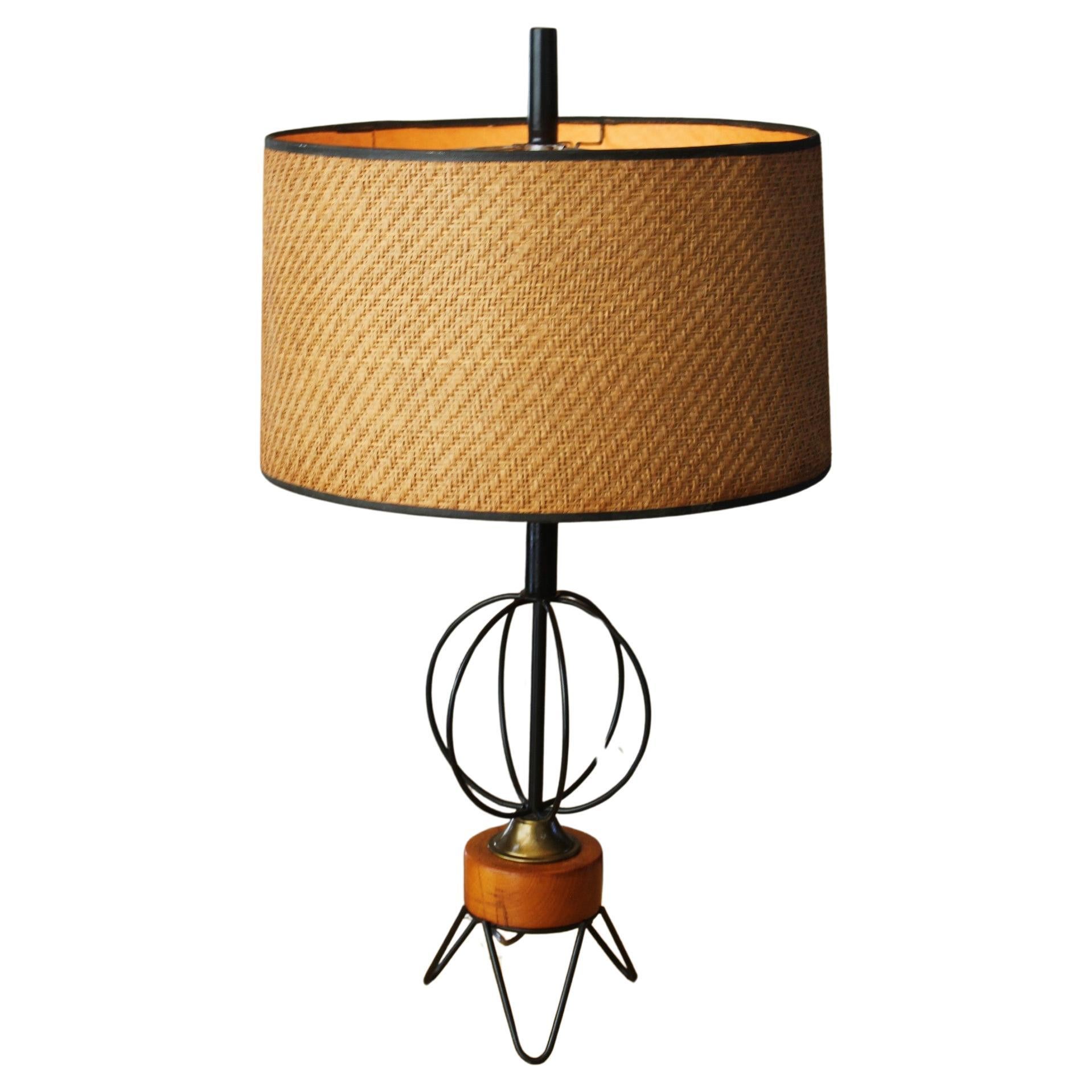 1950s Heifetz Birch Wood Black Steel Globe Mid Century Modern Atomic Table Lamp