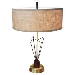 Vintage 1950s Heifetz Teak Wood Abstract Black Wire Mid Century Modern Atomic Table Lamp