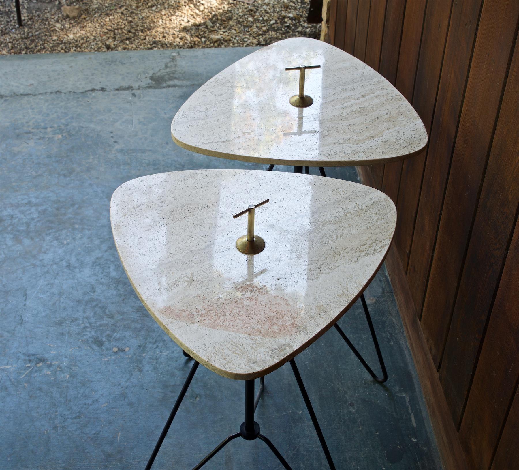 Polished 1950s Travertine Wire + Bronze Cigarette Stand Side Tables Atomic Vintage McM For Sale