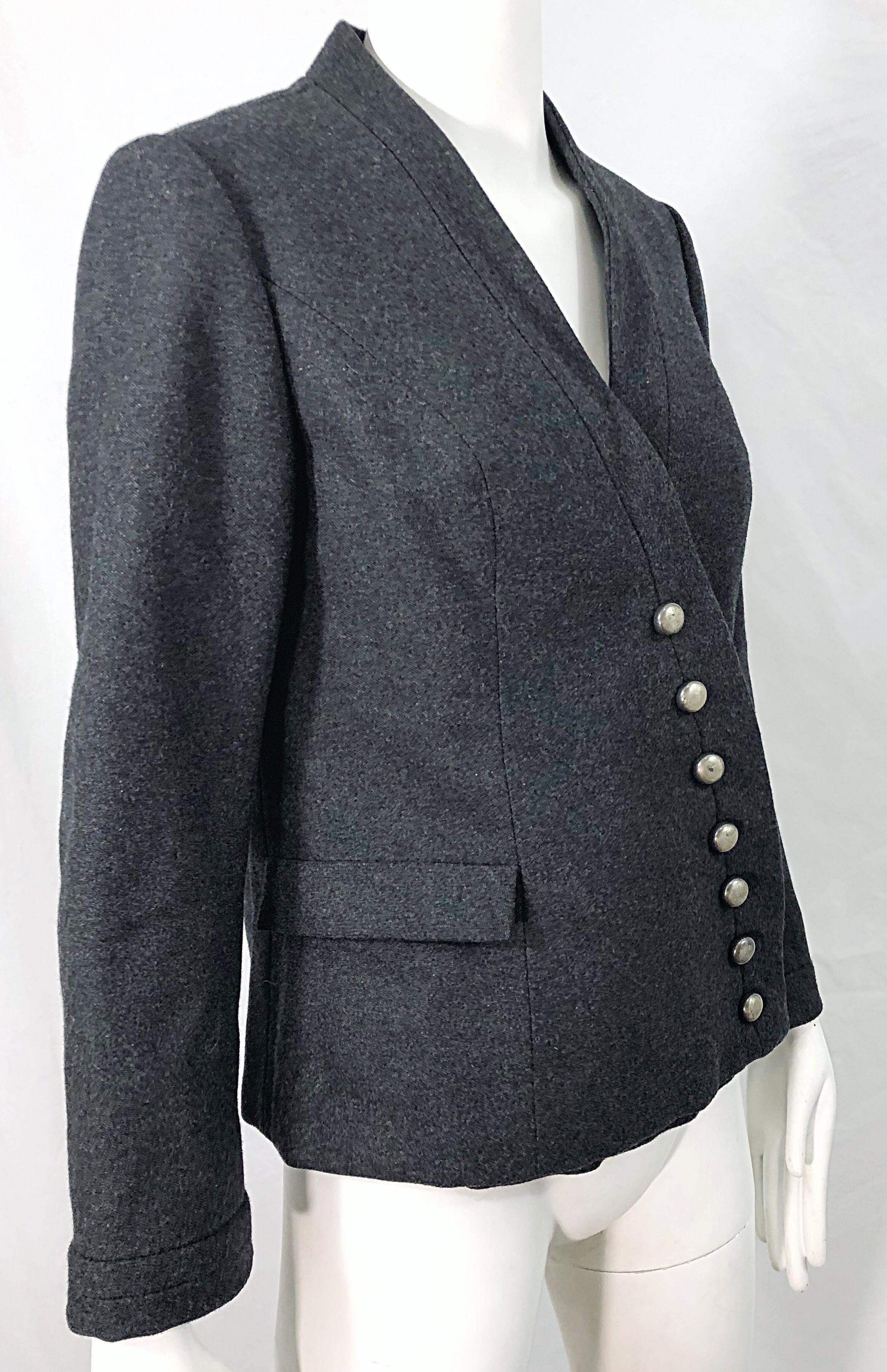 1950s Helen Rose Grey Wool Asymmetrical Buttons Vintage 50s Gray Jacket Coat For Sale 3