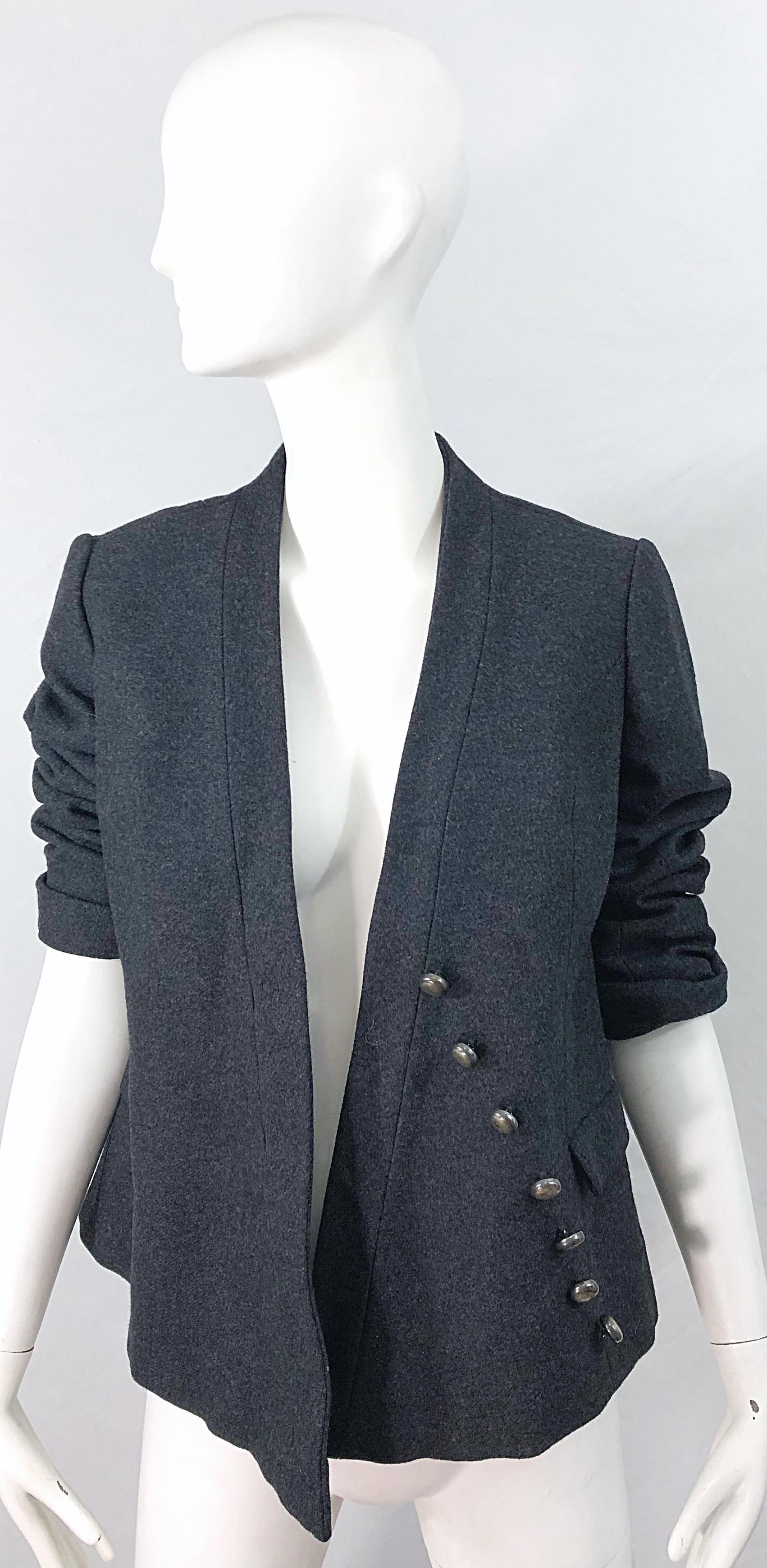 1950s Helen Rose Grey Wool Asymmetrical Buttons Vintage 50s Gray Jacket Coat For Sale 5