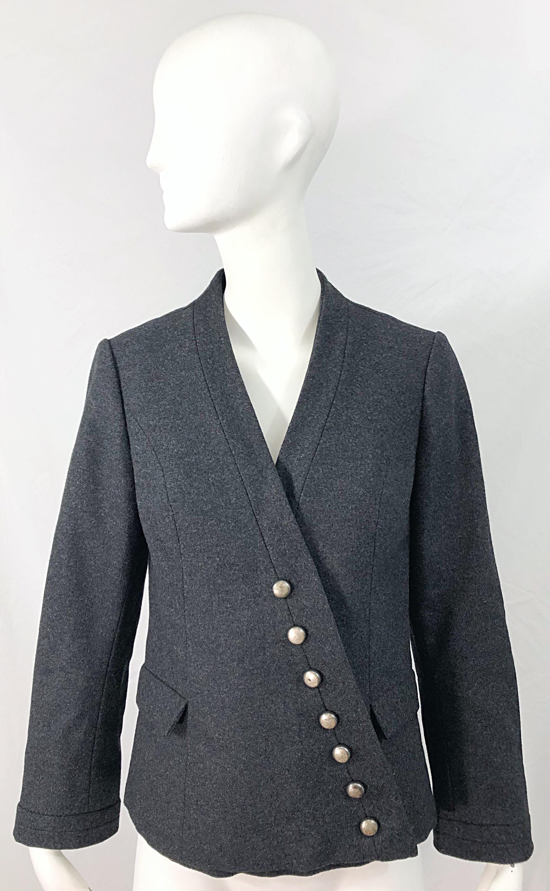 1950s Helen Rose Grey Wool Asymmetrical Buttons Vintage 50s Gray Jacket Coat For Sale 6