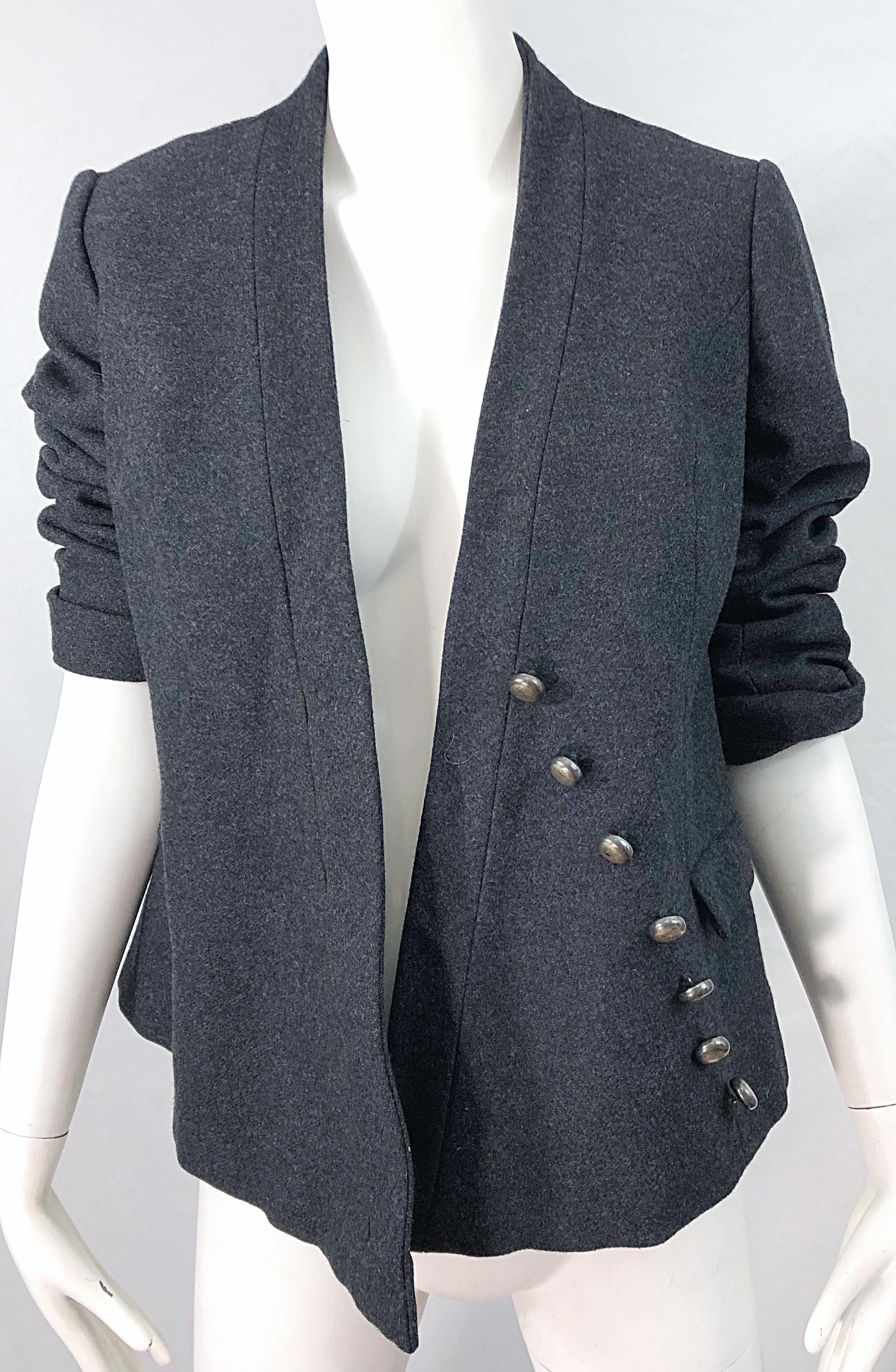 1950s Helen Rose Grey Wool Asymmetrical Buttons Vintage 50s Gray Jacket Coat In Excellent Condition For Sale In San Diego, CA