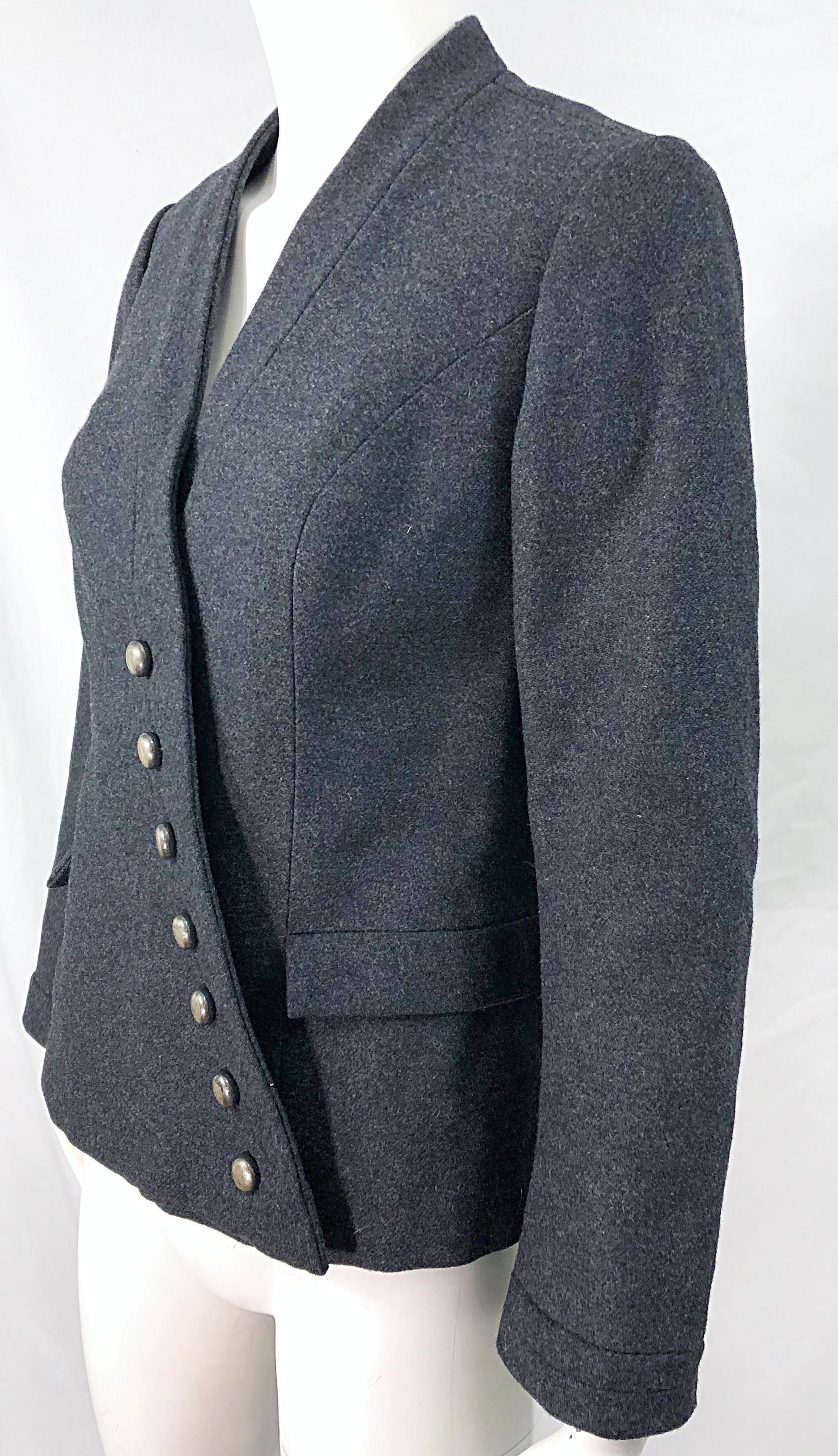 1950s Helen Rose Grey Wool Asymmetrical Buttons Vintage 50s Gray Jacket Coat For Sale 1
