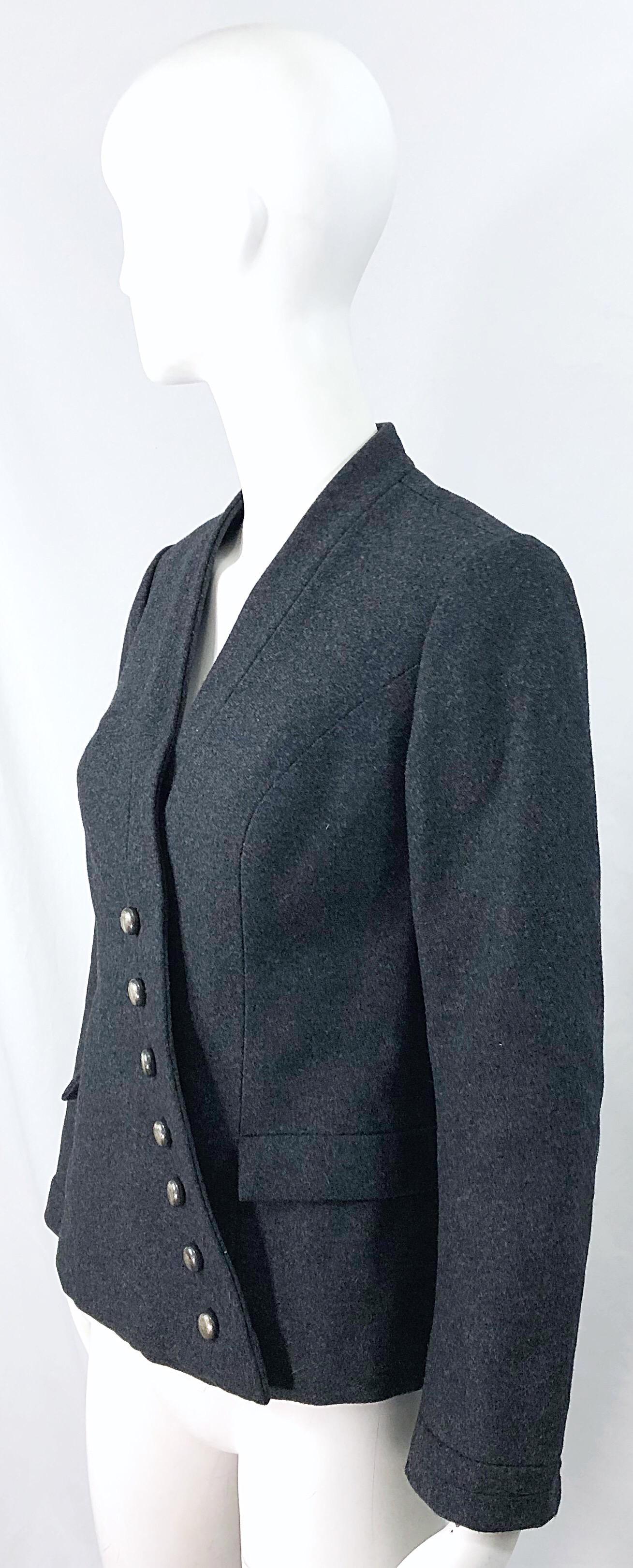 1950s Helen Rose Grey Wool Asymmetrical Buttons Vintage 50s Gray Jacket Coat For Sale 2