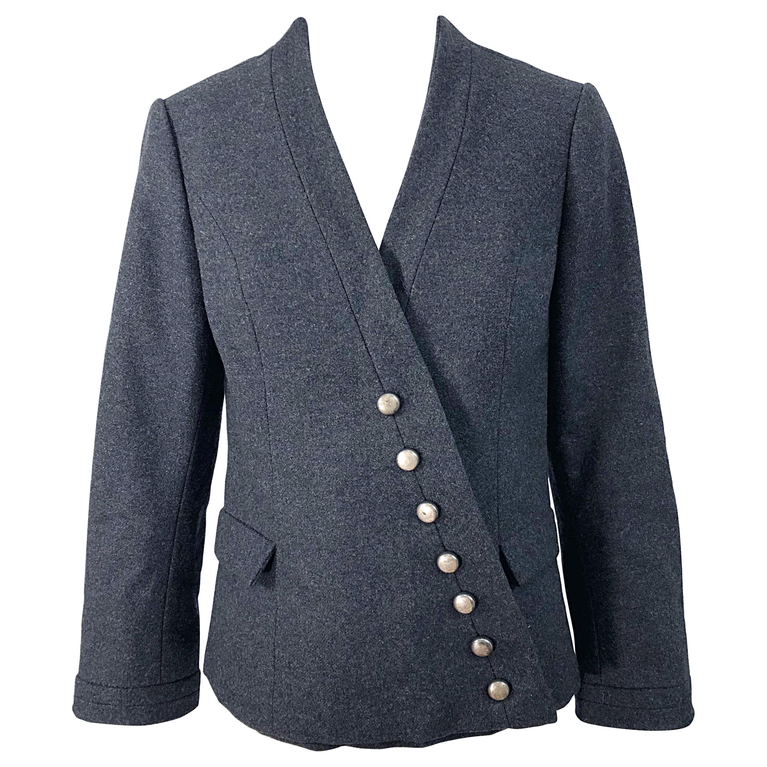 1950s Helen Rose Grey Wool Asymmetrical Buttons Vintage 50s Gray Jacket Coat