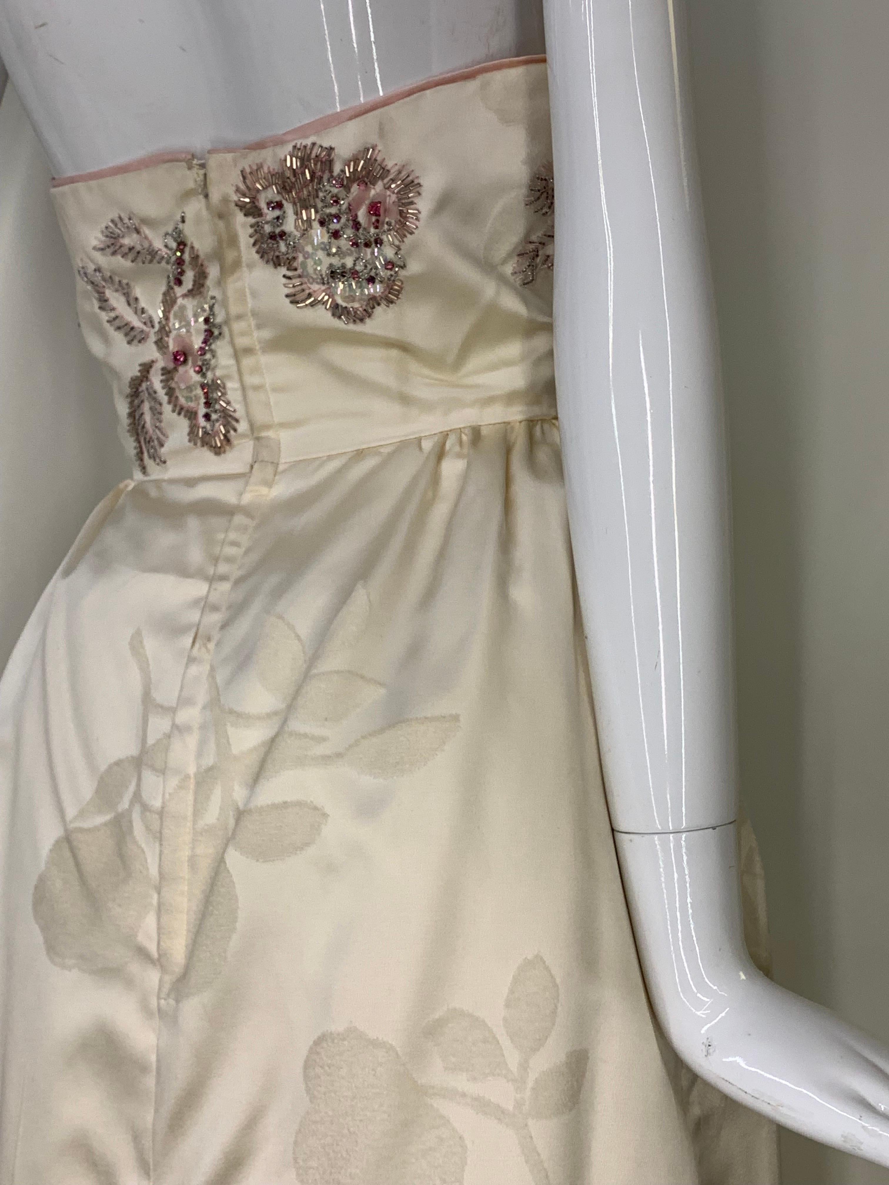 1950s Helena Barbieri Original Cream Silk Flocked Beaded Strapless Gown  For Sale 9