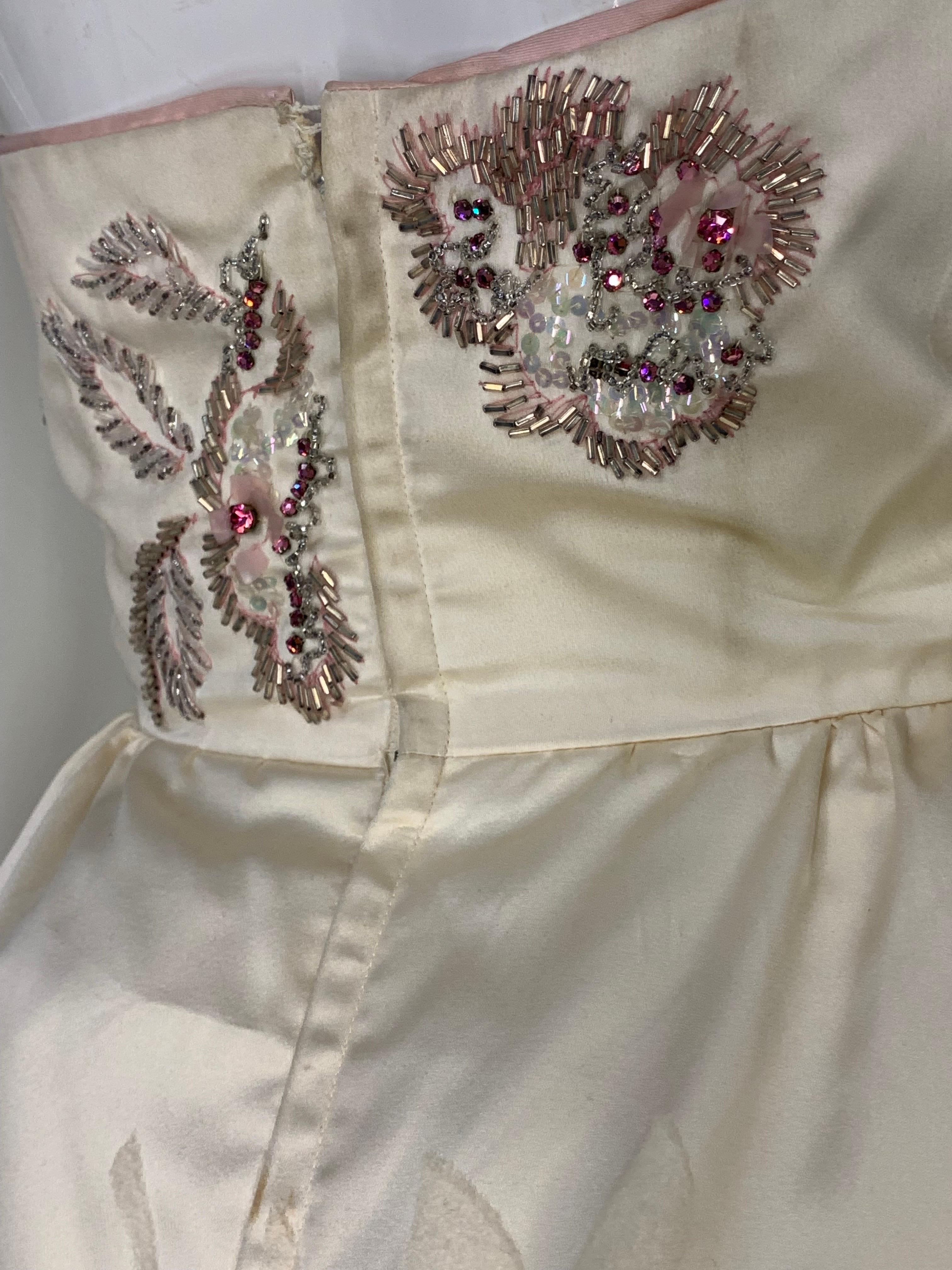 1950s Helena Barbieri Original Cream Silk Flocked Beaded Strapless Gown  For Sale 10