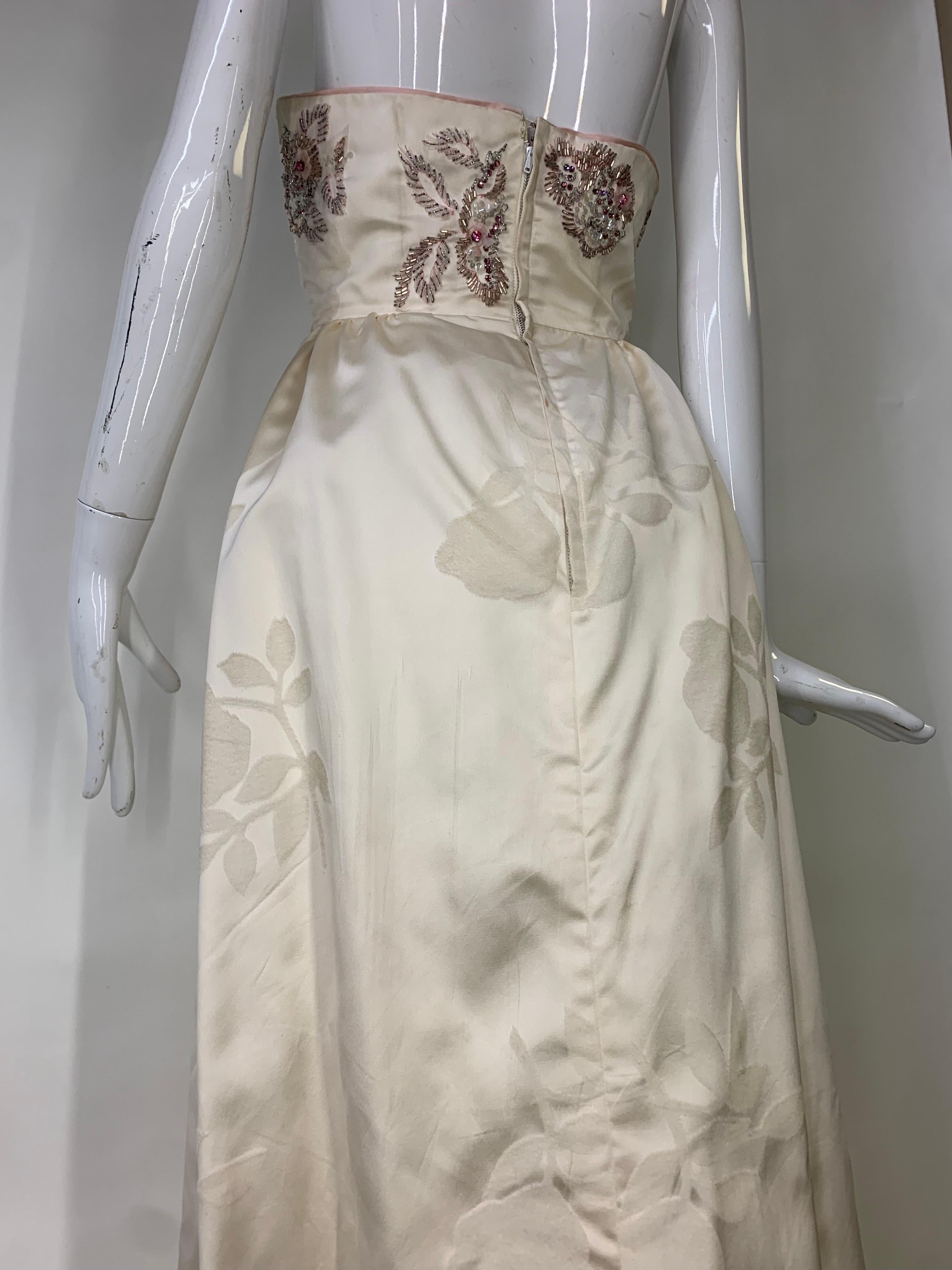 1950s Helena Barbieri Original Cream Silk Flocked Beaded Strapless Gown  For Sale 11