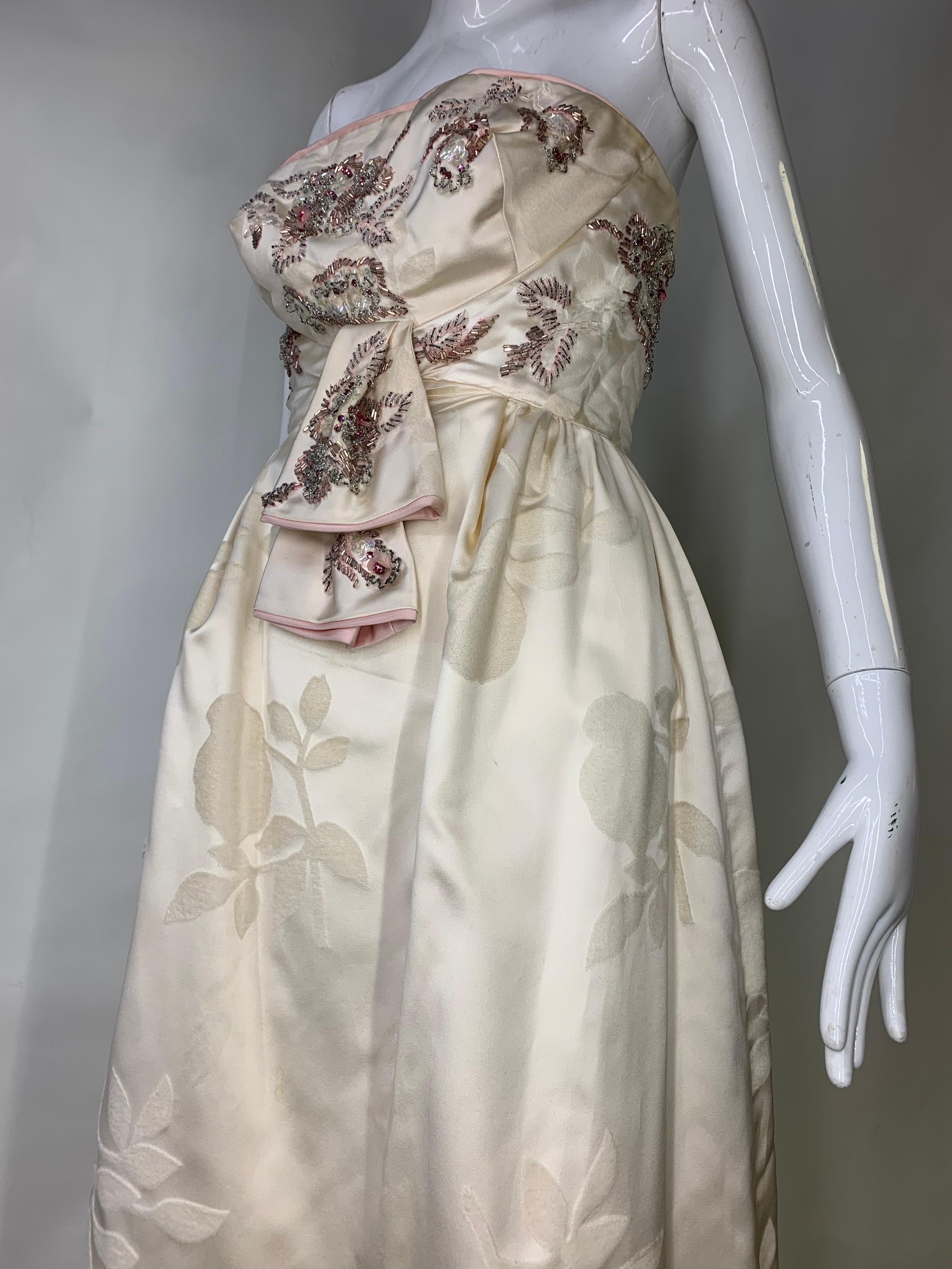 1950er Jahre Helena Barbieri Original Creme Seide beflockt Perlen trägerlosen Kleid  im Angebot 12