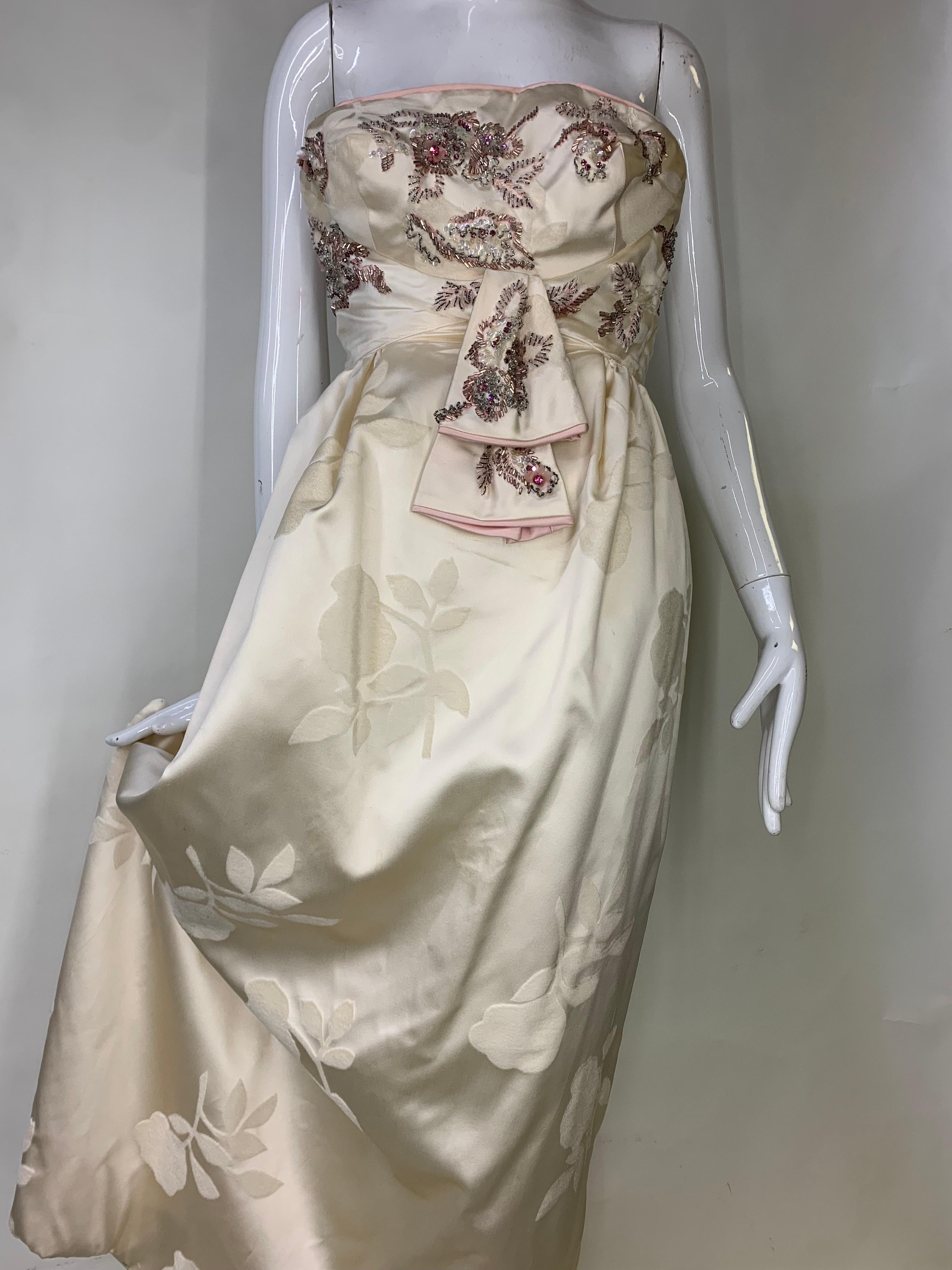 1950s Helena Barbieri Original Cream Silk Flocked Beaded Strapless Gown  In Excellent Condition For Sale In Gresham, OR