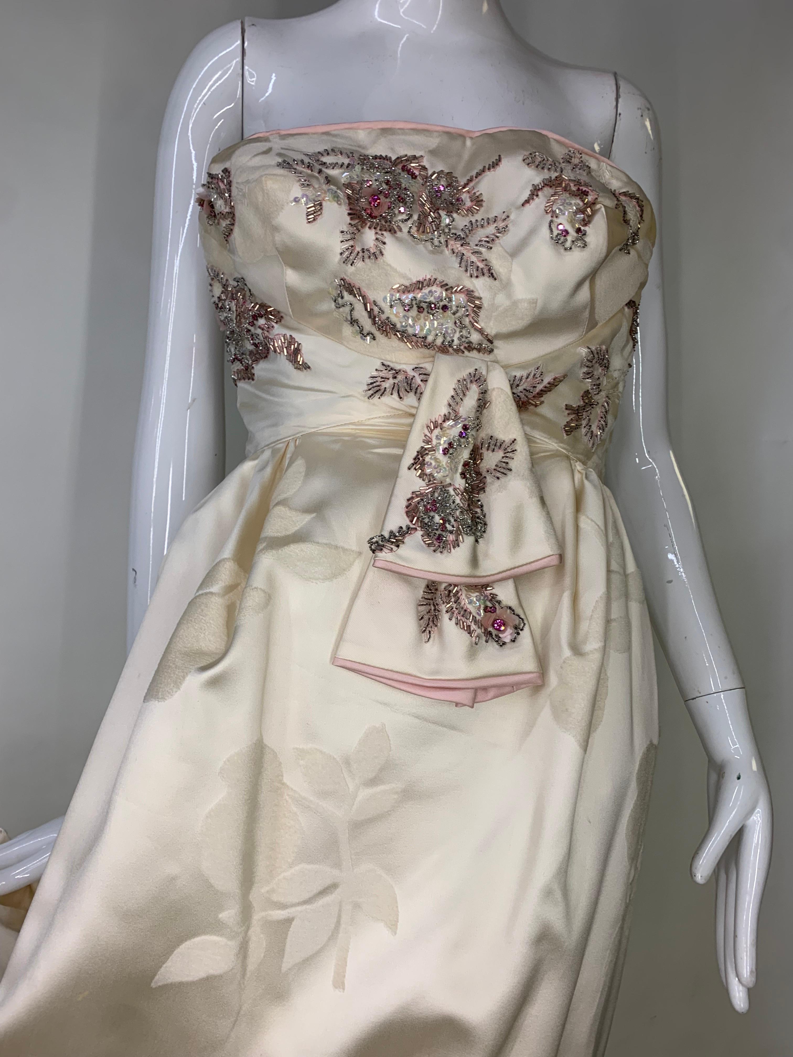 Women's 1950s Helena Barbieri Original Cream Silk Flocked Beaded Strapless Gown  For Sale