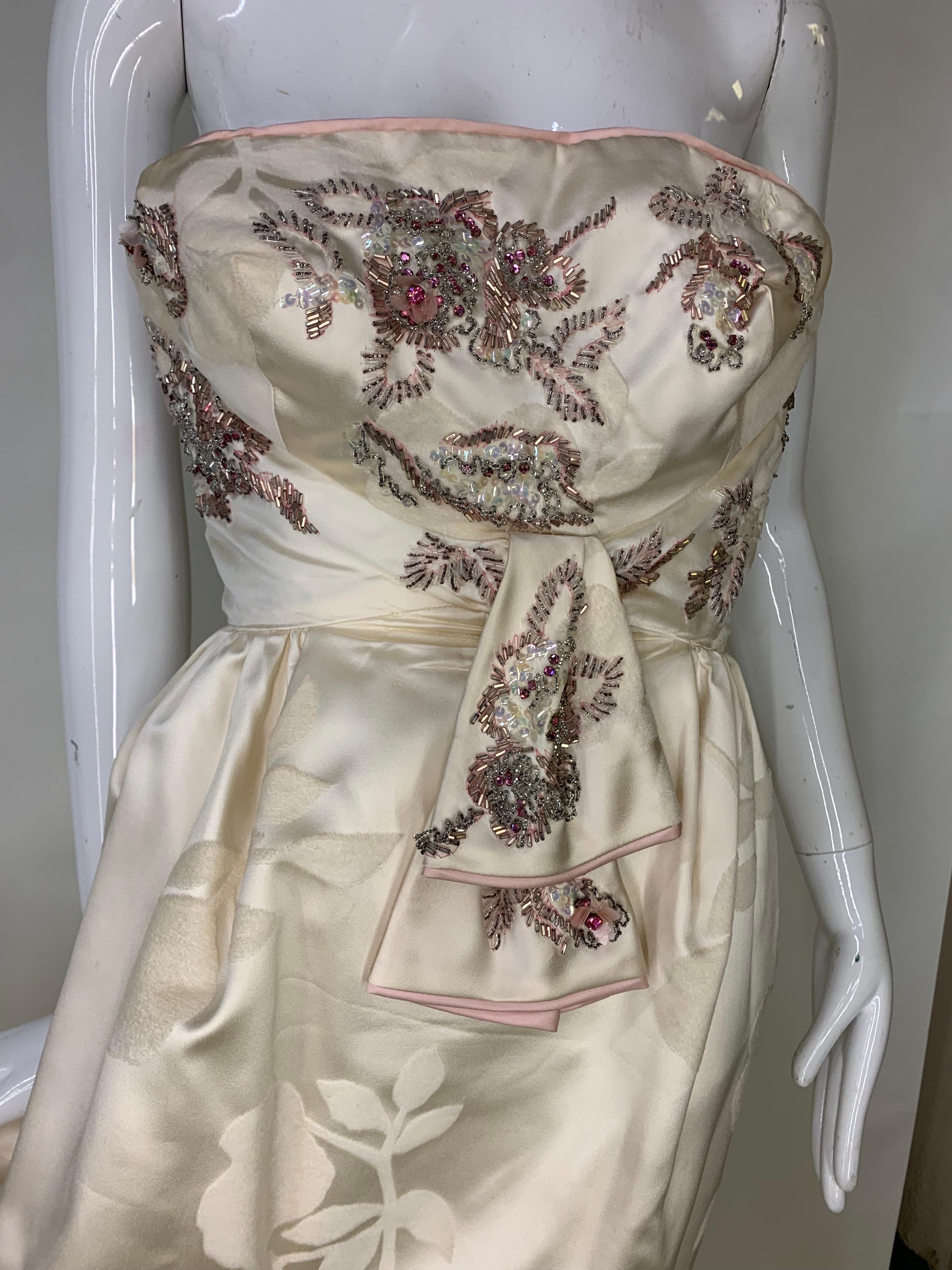 1950er Jahre Helena Barbieri Original Creme Seide beflockt Perlen trägerlosen Kleid  im Angebot 2