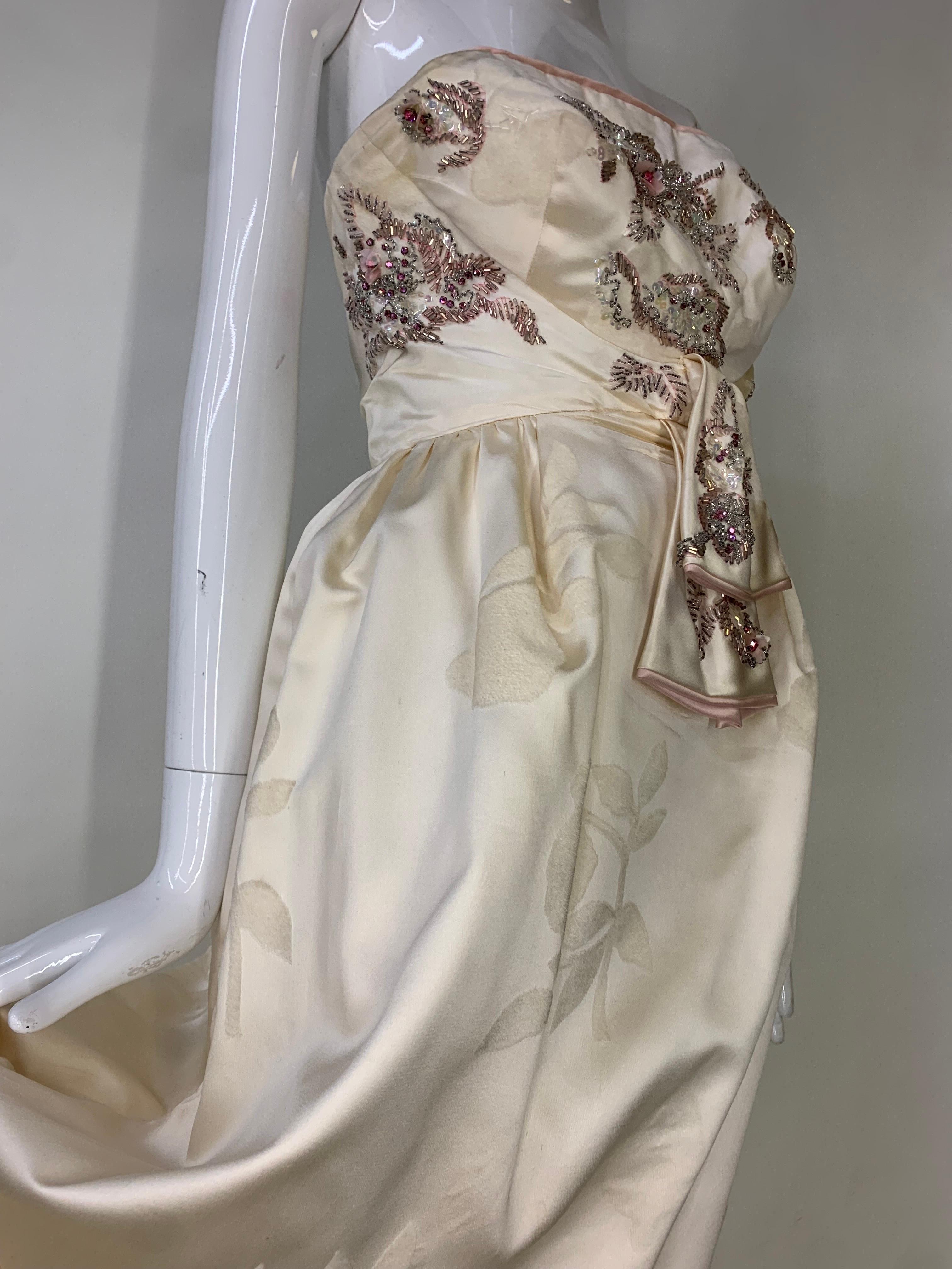 1950s Helena Barbieri Original Cream Silk Flocked Beaded Strapless Gown  For Sale 4