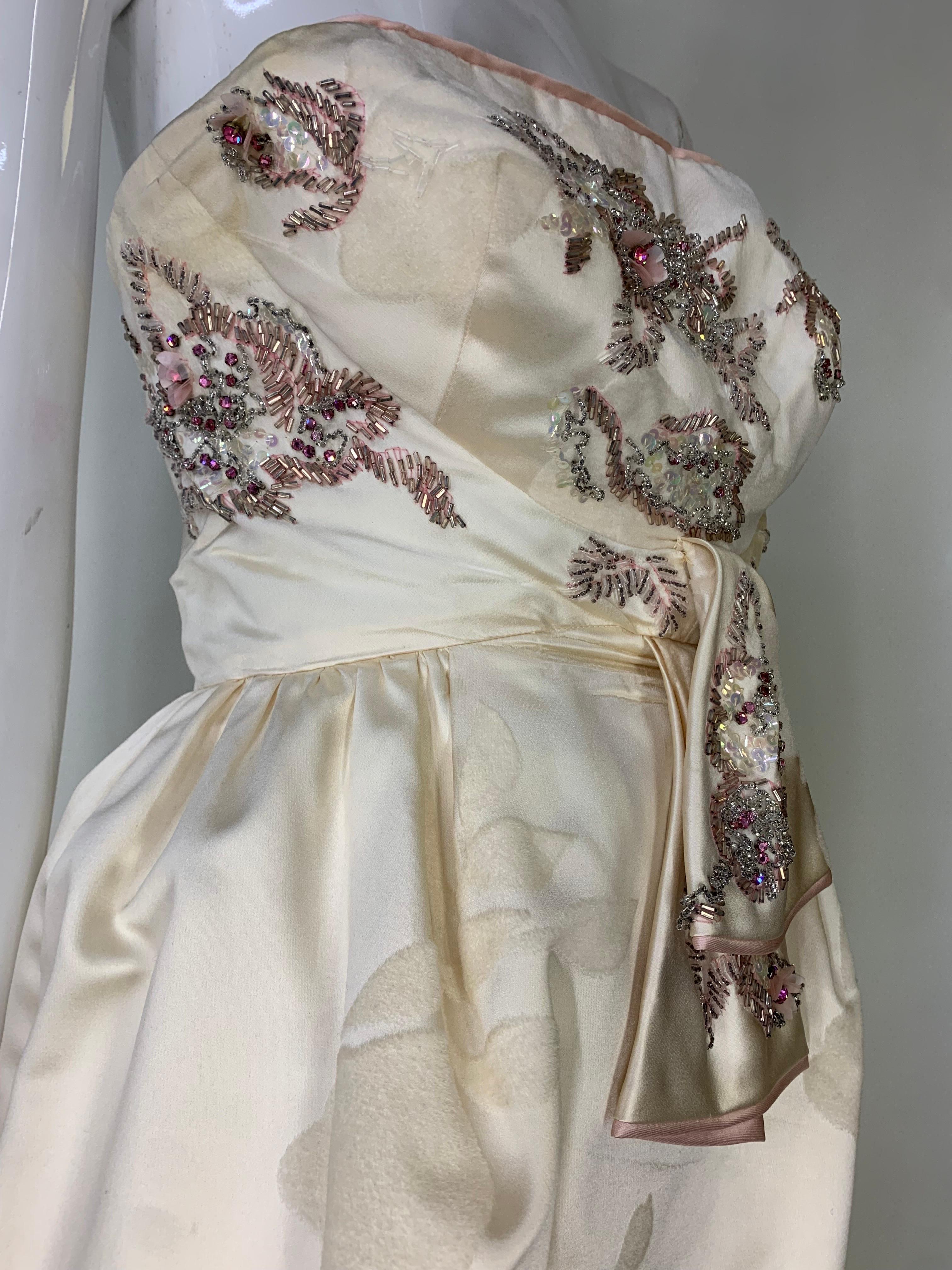 1950s Helena Barbieri Original Cream Silk Flocked Beaded Strapless Gown  For Sale 5