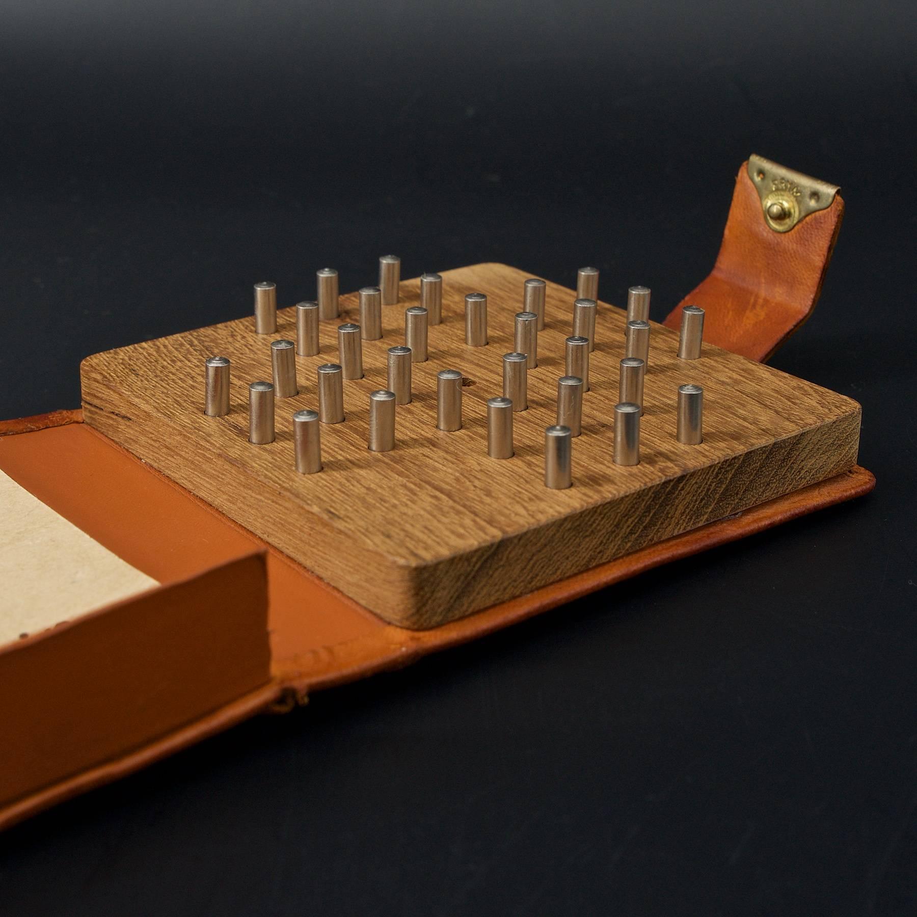 Scandinavian Modern 1950s Henning Bang Leather Clad Travel Mini-Solitaire Steel Teak Danish Game
