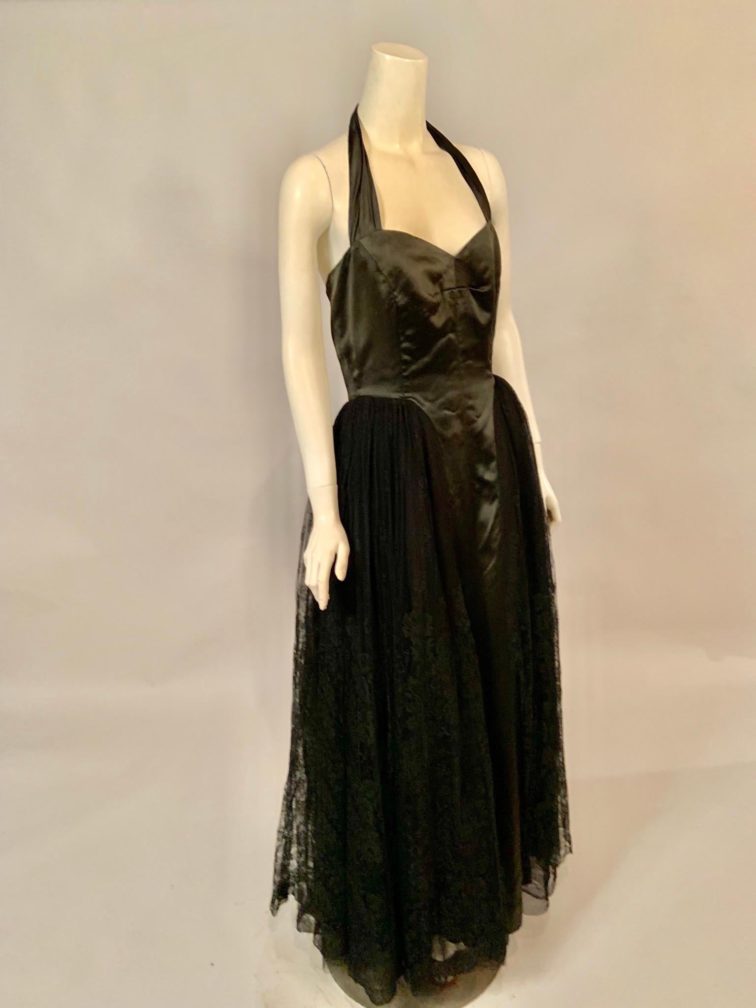 1950's Henri Bendel Black Satin and Lace Halter Top Evening Gown at ...