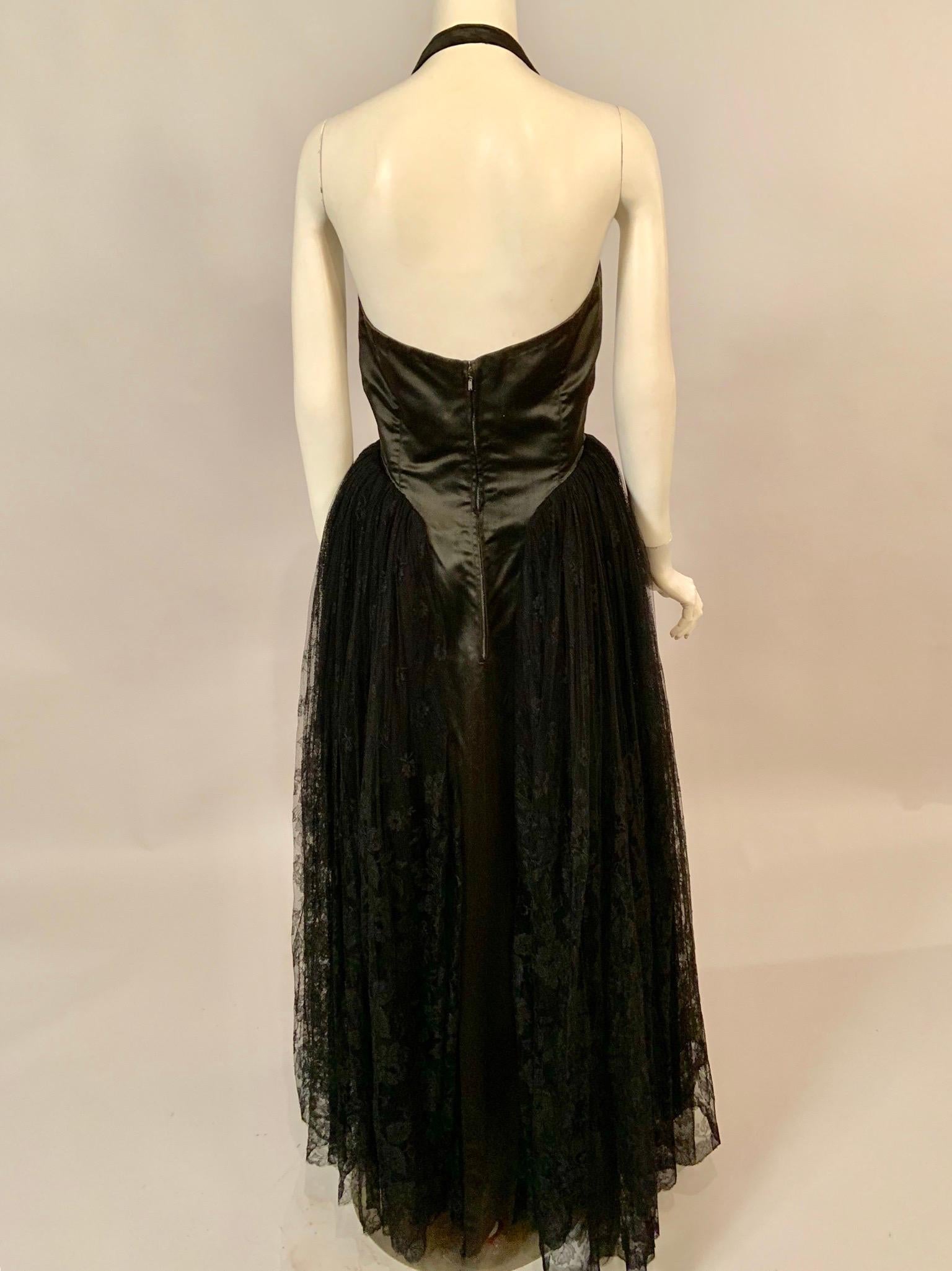 1950's Henri Bendel Black Satin and Lace Halter Top Evening Gown 1