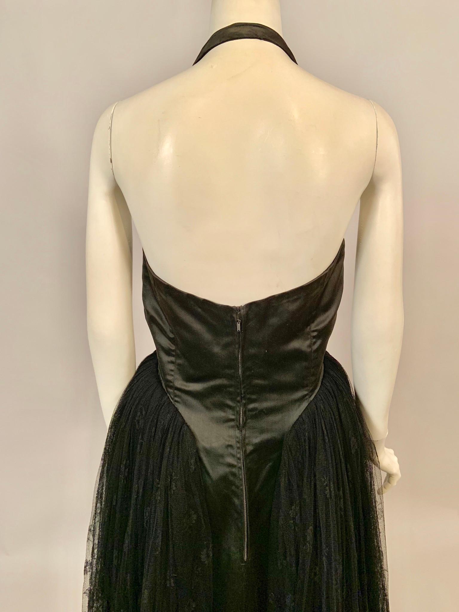 1950's Henri Bendel Black Satin and Lace Halter Top Evening Gown 2